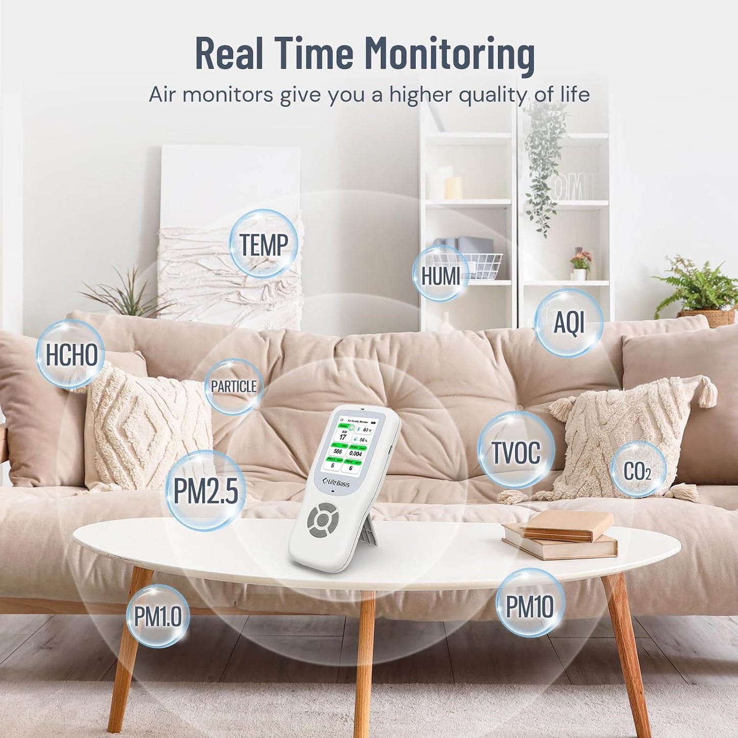 LifeBasis Air Quality Monitor Indoor, 11-in-1 Air Quality Detector with Stand, Air Meter Test AQI, PM1.0, PM2.5, PM10, CO2, TVOC, HCHO, Particles, Temperature and Humidity with Alert