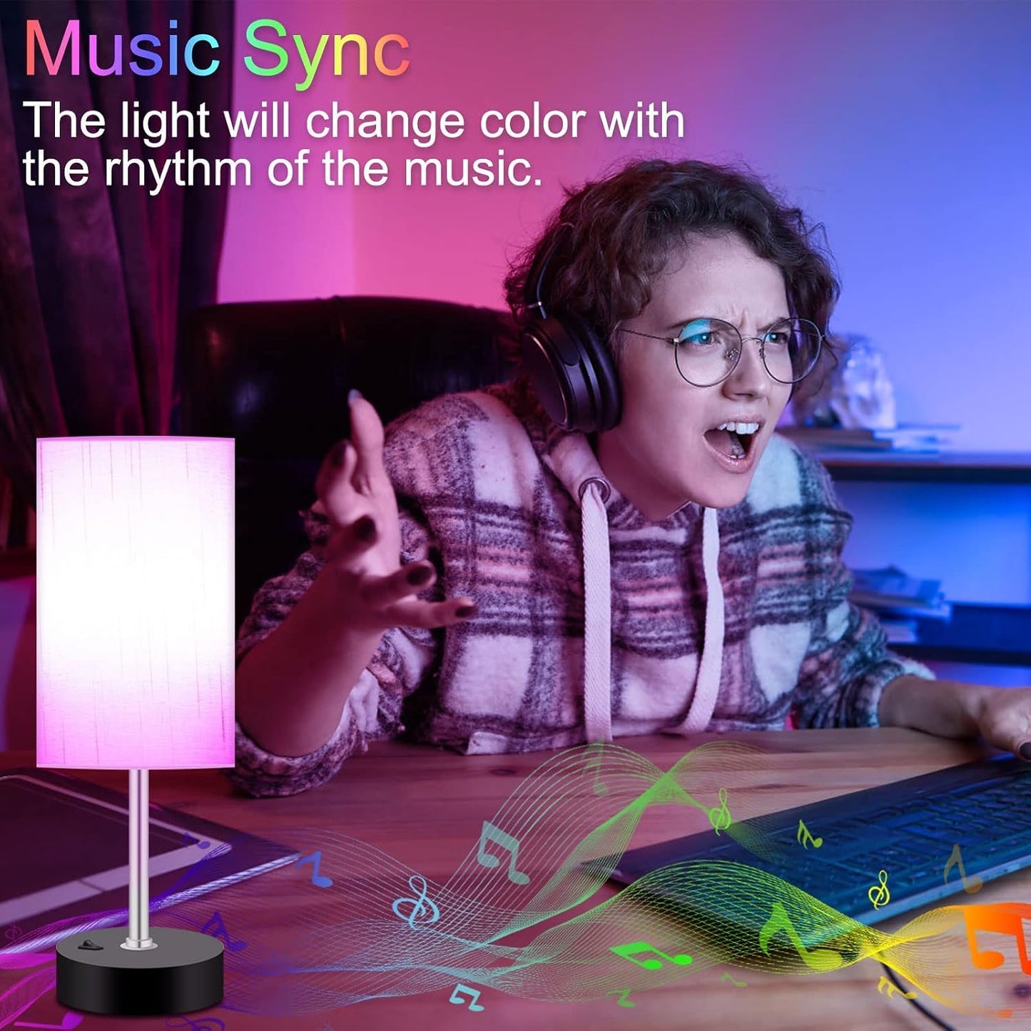 Bedroom Lamp with Smart RGB LED Bulb, Multicolor Changing Table Lamp for Bedroom with 2 USB Port, Dimmable Bedside Lamp Work with Alexa, Smart Nightstand Light for Living Room Sync with Music(2.4GHz) | Multicolor Changing;Dimmable;Alexa Control