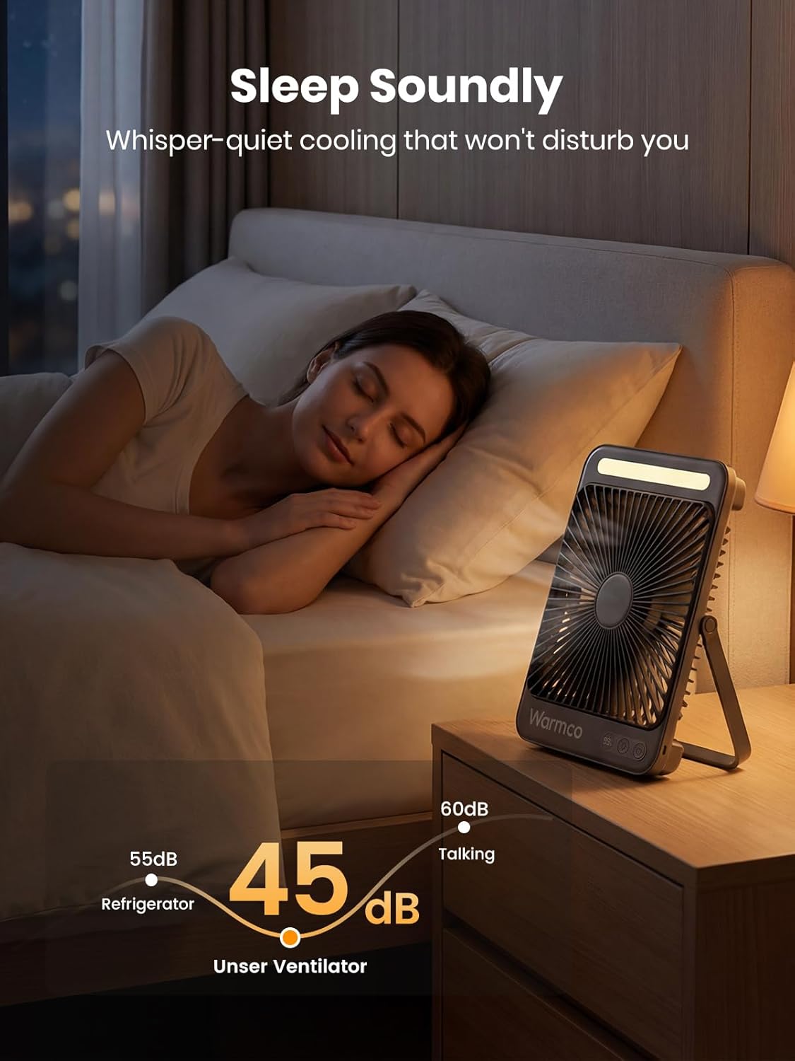Warmco D4 Battery Powered Camping Fan 20000mAh, LED Lantern | Up To 48H Runtime, Ultra-Slim Quiet 8-Inch Fan, Digital Display & Hook for Tent, Bedroom, Outdoor & Travel