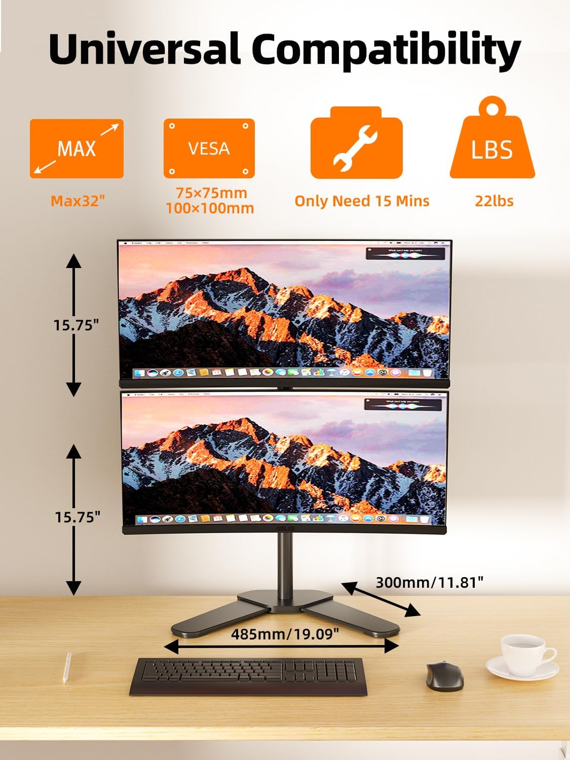 Dual Monitor Stand Free Standing Desk Mount Monitor Arm Fits Two Screens up to 32 inch 22 lbs Fully Adjustable Arms with Max VESA 100x100mm (ML7802)