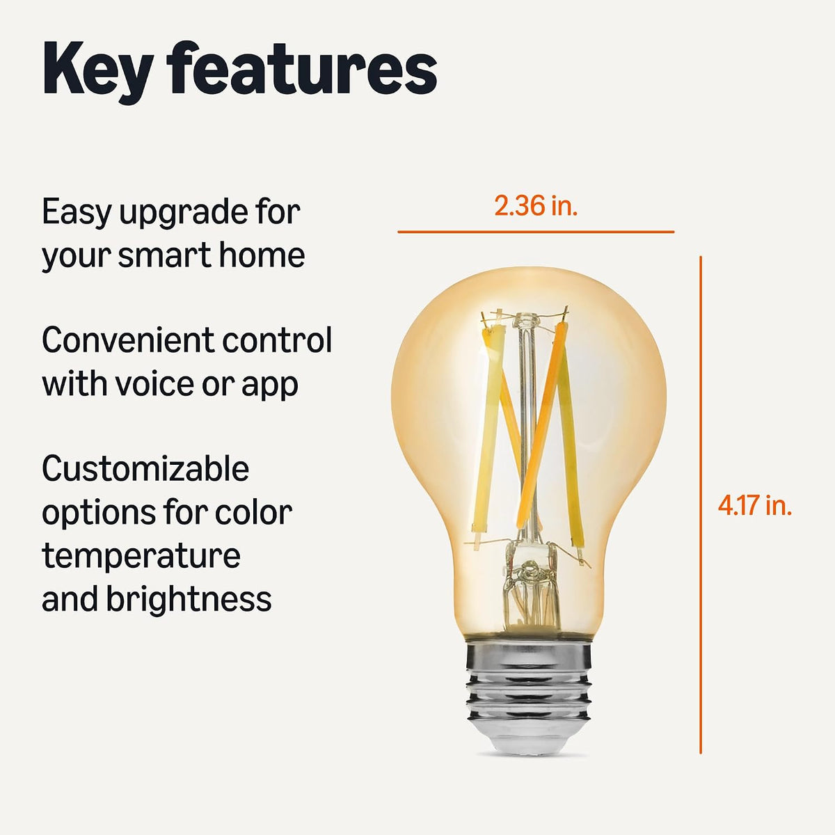 Amazon Basics A19 Smart Filament LED Bulb, Tunable White, Dimmable, Wi-Fi Enabled, Works with Alexa Only, Easy Setup, 2.4 GHz Wi-Fi, 4-Pack