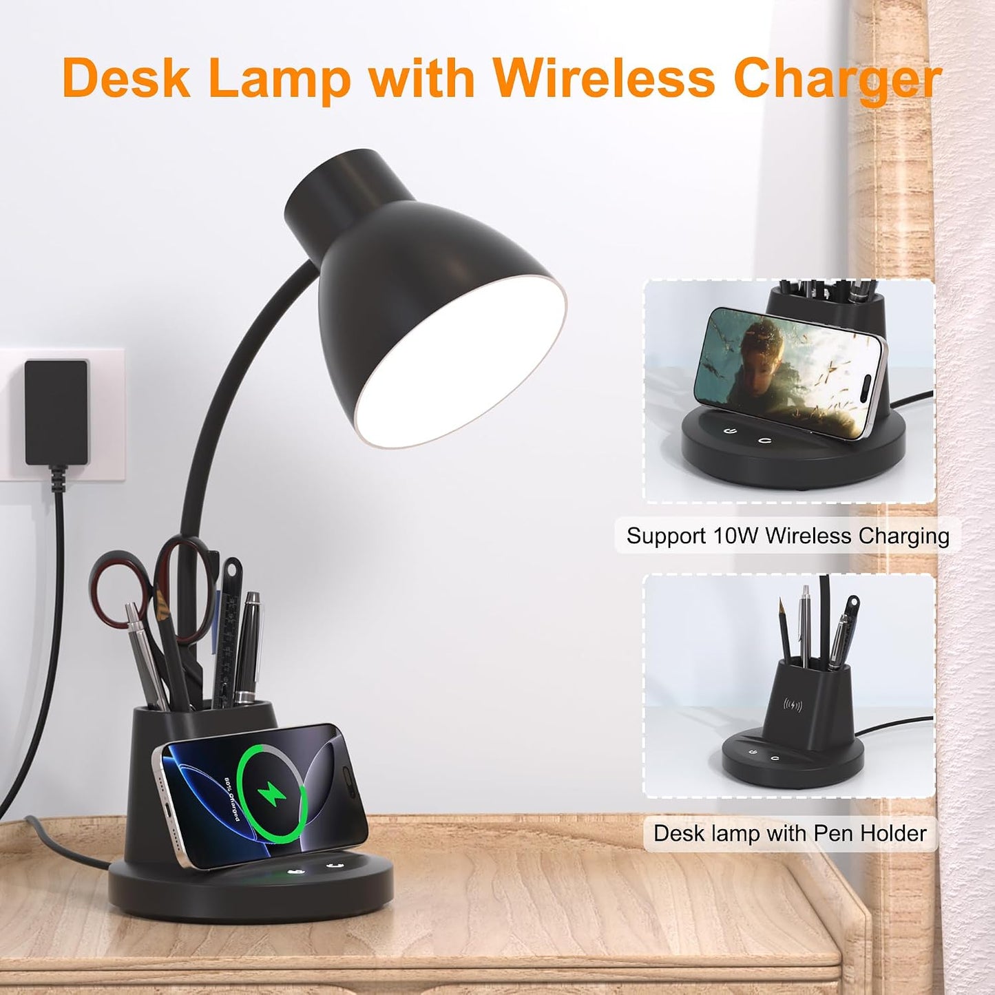 10W Wireless Charging LED Desk Lamp with Pen Holder, CRI 95, Black | 800LM, 3 Modes, 360°Flexible Arm, Touch, Brightness, Table Lamp for Home Office, Dorm, Bedside, Study, Reading, with Adapter