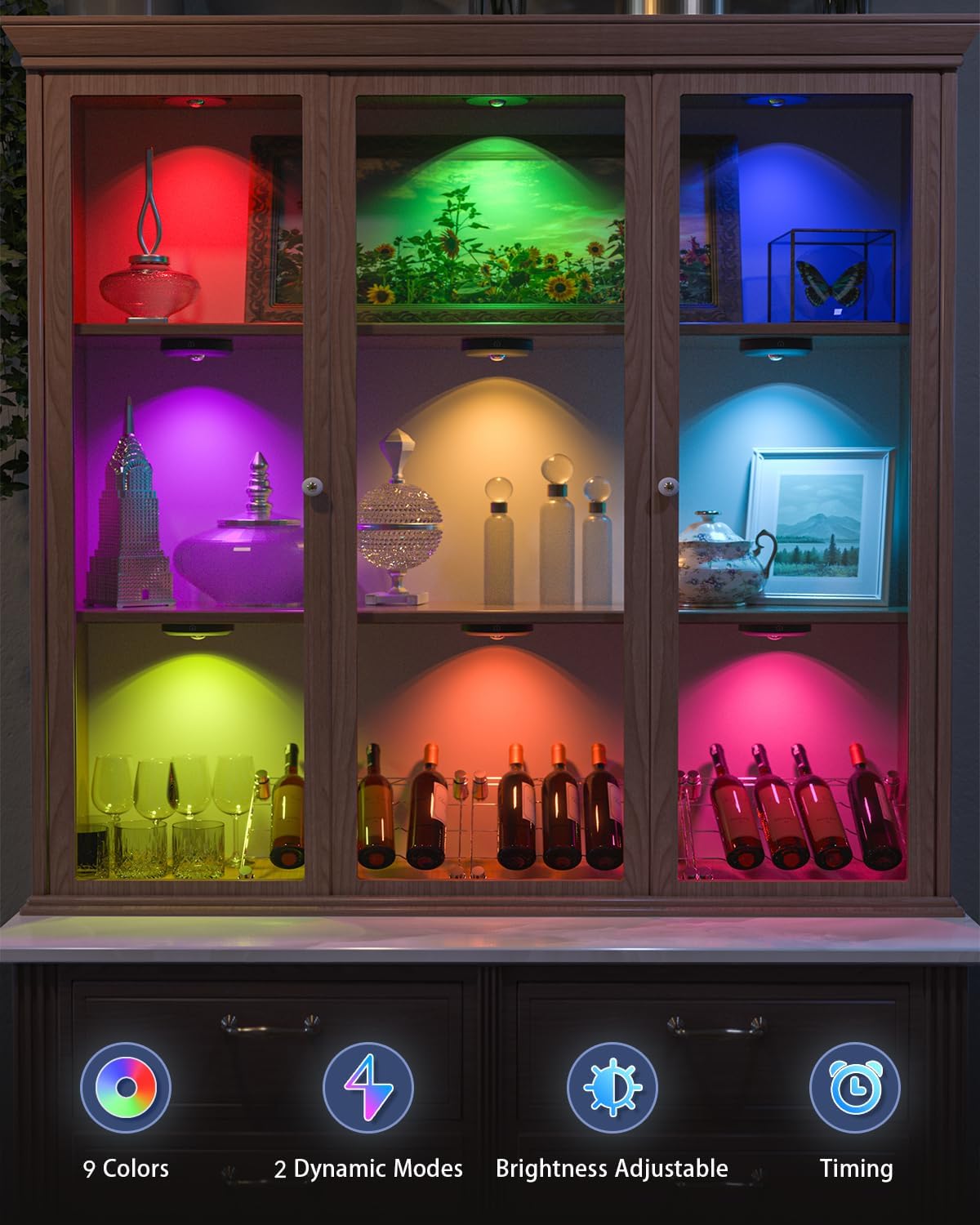 WILLED Rechargeable RGB Puck Lights with Remote Control, 1200mAh Battery Operated Tap Lights, Dimmable Touch Under Cabinet Lighting, Wireless Push Light, LED USB Shelf Light (6 Pack)