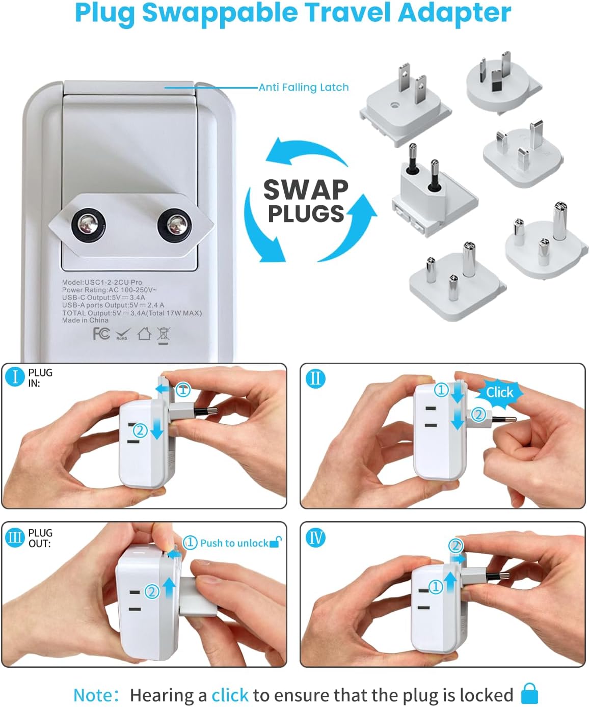 VINTAR Universal Travel Adapter Kit, Type A,C,G,D,I,M Detachable Plug | 7 in 1 International Power Adapter with 4 Outlets 3 USB(2 USB-C), Travel Adaptor Worldwide for US EU UK India South Africa