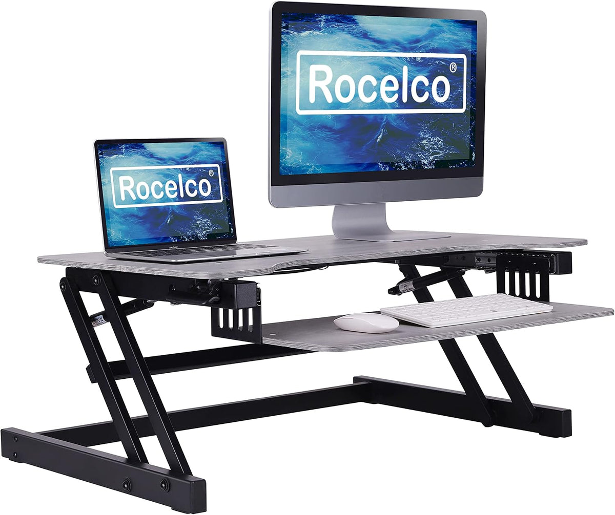 Rocelco 37.5" Height Adjustable Standing Desk Converter with Anti Fatigue Mat Bundle - Slide Out Retractable Keyboard Tray - Sit Stand Dual Monitor Riser - Computer Workstation - Gray (R DADRG-MAFM)