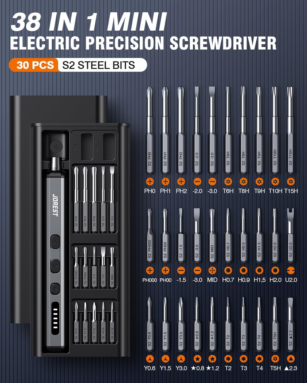 JOREST Mini Electric Screwdriver, Small Cordless Precision Screwdriver set with 38 Magnetic Bits, 5 Torque Settings, Repair Tool for iPhones, Laptop, Drone, Game Console, Camera; Gift for Father