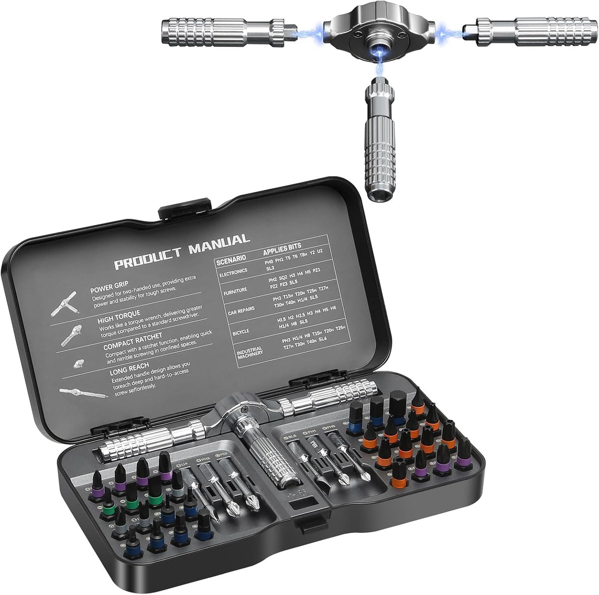 40 in 1 Ratchet Screwdriver Set, Magnetic Ratchet Screwdriver, S2 Steel Bit | Detachable Handle Strong Magnetic Design, Compact Ratchet Wrench Tool Kit for Electronics, Furniture, Bicycle, Home Repair