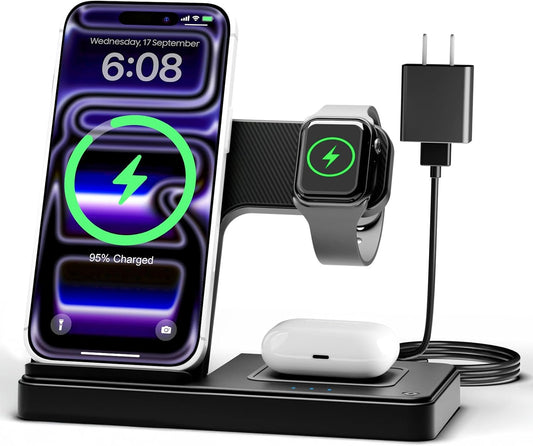 GETPALS Wireless Charger iPhone Charging Station for Apple Multiple Devices | 3 in 1 Charger Stand for iPhone 17 Pro Max 17e 16 16e 15 14 13 12 & Watch Series 11-2 SE Ultra & Airpods 4 3 Pro, Black