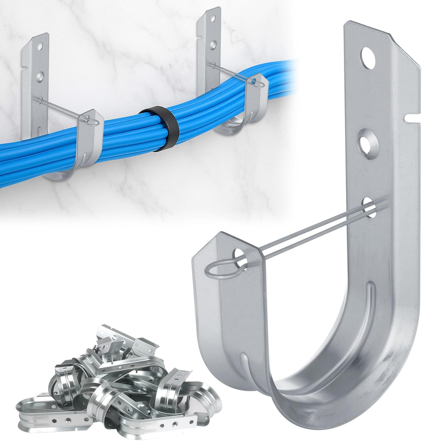 2" 50 PCS Galvanized Steel J-Hooks | Heavy Duty Wall Mount Cable Support J Hook with Retainer Clip for Cable Management