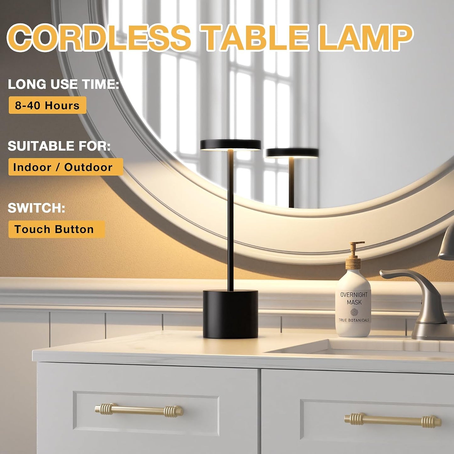 Rechargeable Cordless Table Lamp, 4000mAh Battery Operated, Black, 2 Pack | Wireless LED Lamp, 3 Color Modes, Stepless Dimming, for Dining Room, Bedroom, Bar, Cafe, Restaurant, Outdoor Patio, Camping