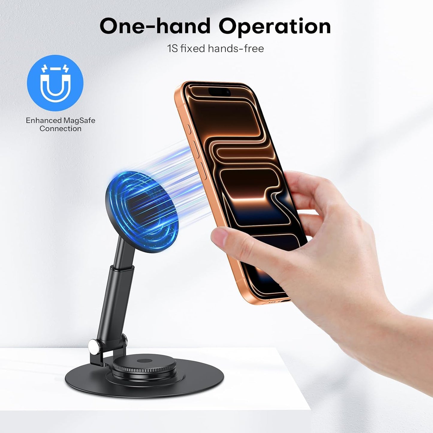 OMOTON MS05 [Height Adjustable] 360° Rotating Magnetic Phone Stand, Black | Foldable Cell Phone Stand for Desk, Office Desk Accessories Gift for iPhone 17/16/15 Pro Max Air for PC Gaming Women Men