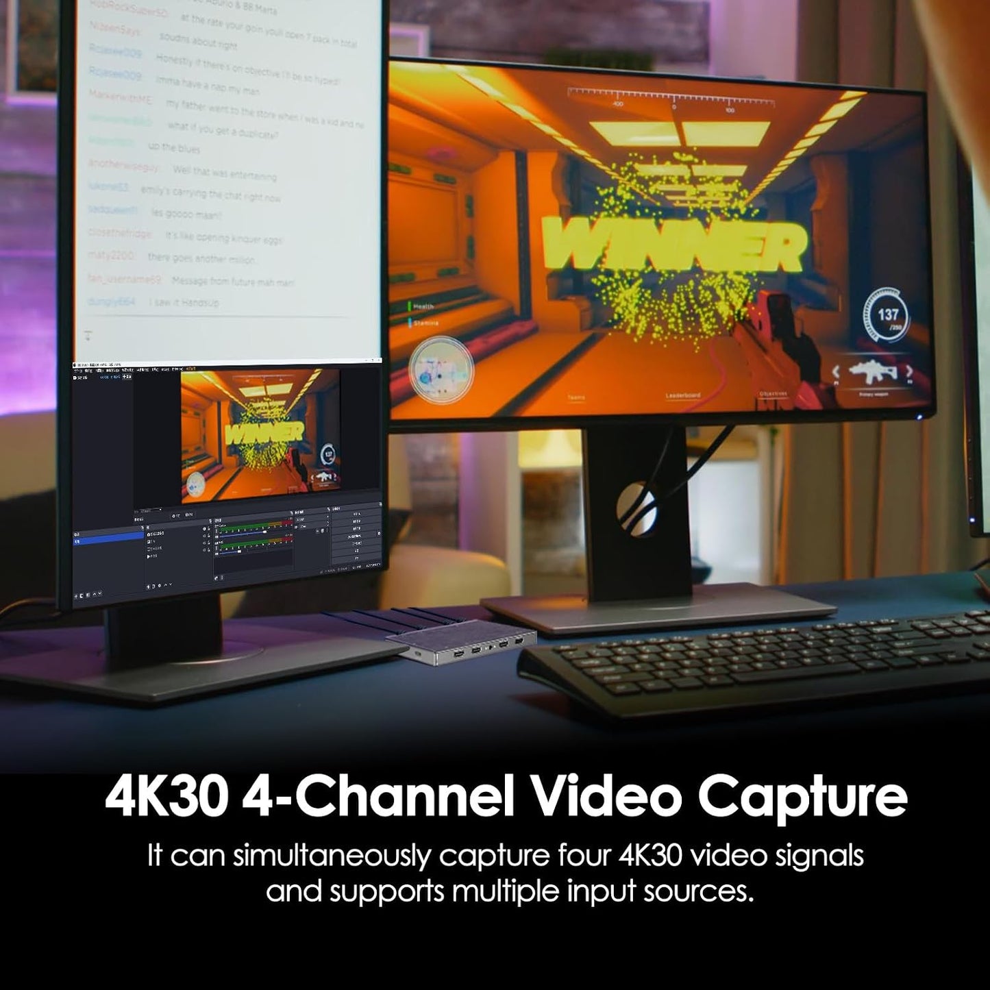 CT-4 4K Video Capture Card - 4 HDMI Inputs, UVC Plug-and-Play, Simultaneous 4-Channel Capture, 10Gbps USB 3.2, Pro Audio Input, 100W PD Charging, for Streaming, Gaming, Video Production