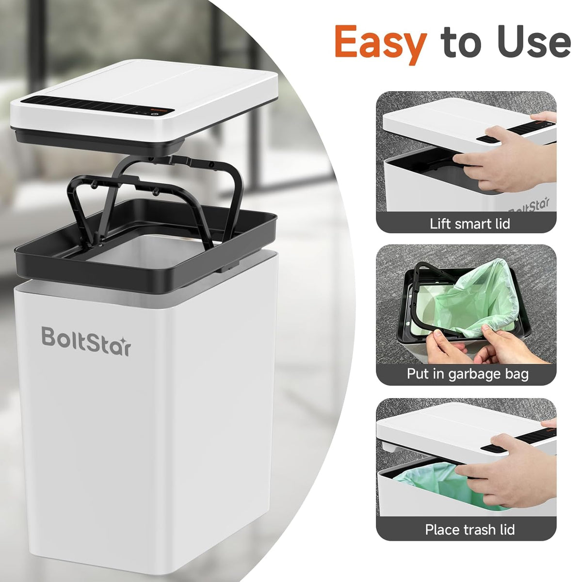 Solar Automatic Trash Can: 4 Gallon Motion Sensor Garbage Can, No Charging Required, Slim Smart Touchless Trash Bin with Lid for Bedroom, Living Room, Bathroom, Office, RV, White