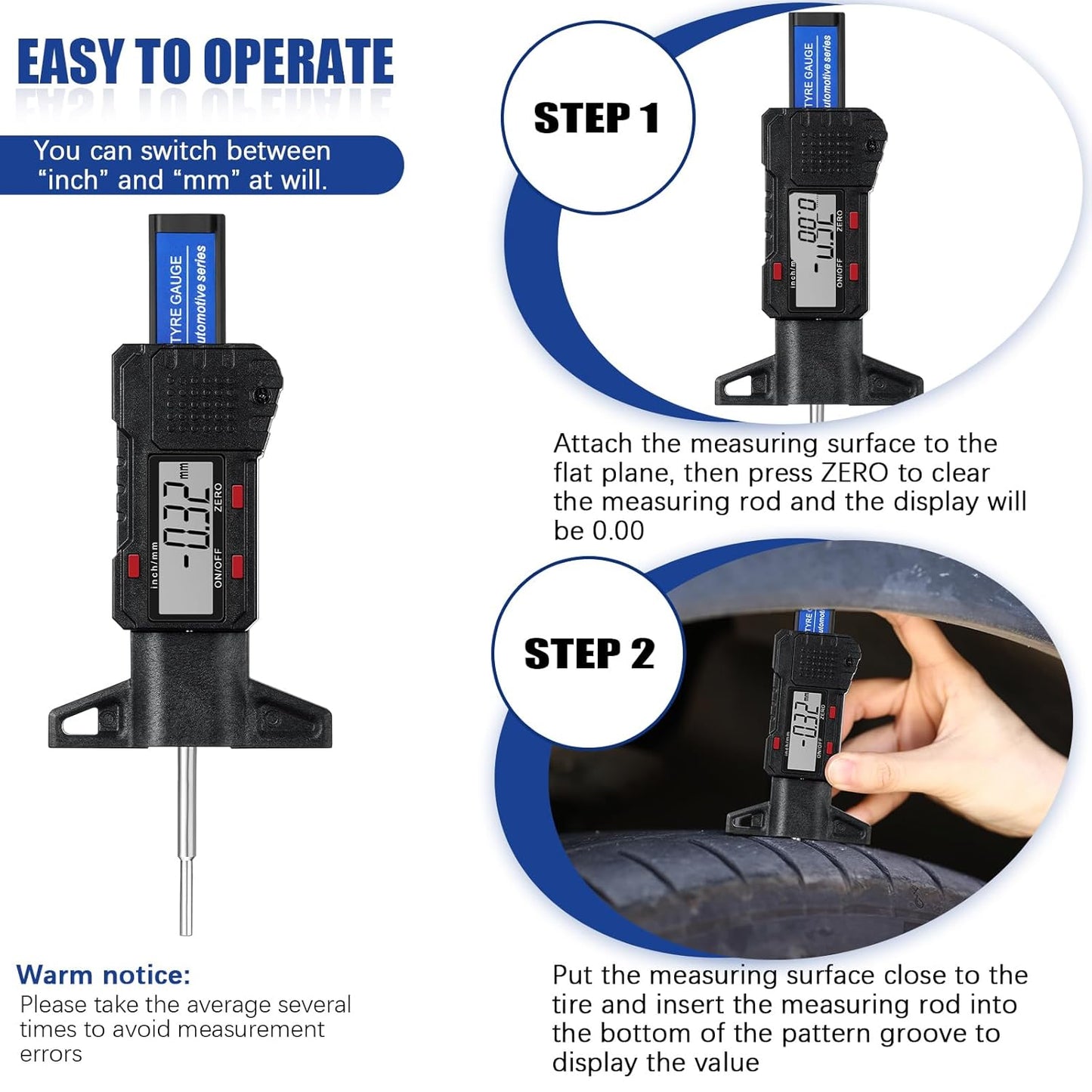 Frienda 3 Pieces Tire Tread Depth Gauge Tool Digital Tread Depth Gauge,Black