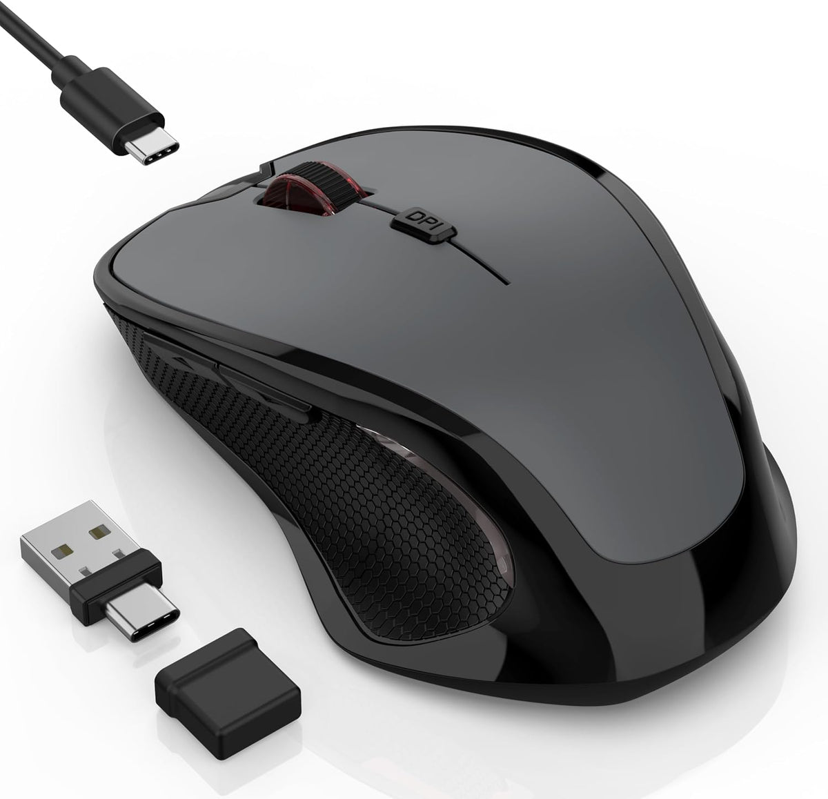 Bluetooth Wireless Laptop Mouse for MacBook Air Pro iPad Mac, Ergonomic Rechargeable Mouse with Jiggler Mode, 2 Mode Bluetooth & 2.4G USB-A/USB-C Receiver, Silent Optical Computer Mice, Grey