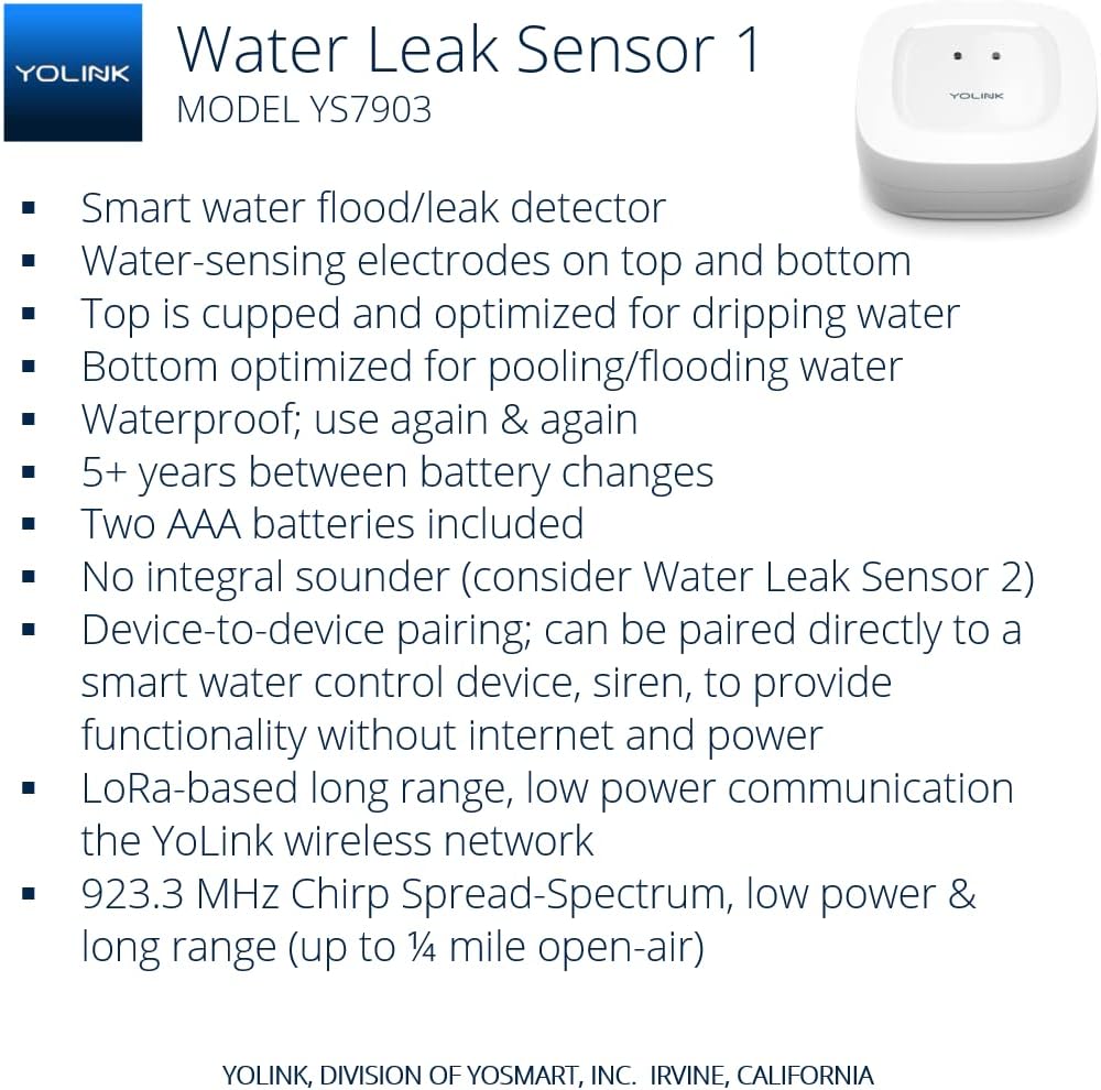 YoLink Water Leak Sensor 3-Pack, LoRa Up to 1/4 Mile Open-Air Range Smart Water Leak & Flood Detector, SMS/Text, Email & Push Notifications, w/Alexa, IFTTT, Home Assistant - YoLink Hub Required