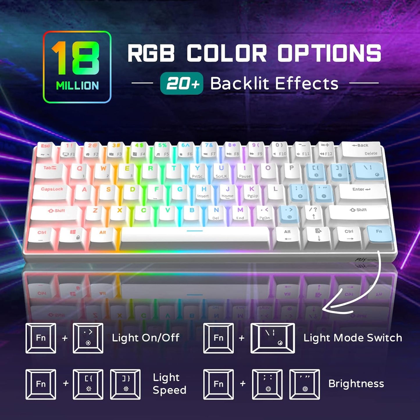 RK ROYAL KLUDGE RK61 Wired 60% Mechanical Gaming Keyboard, Compact PC Game Keyboards with QMK/VIA Programmable RGB Backlit, Hot Swappable Custom Keyboard for Win/Mac, Pre-lubed Red Switch, White