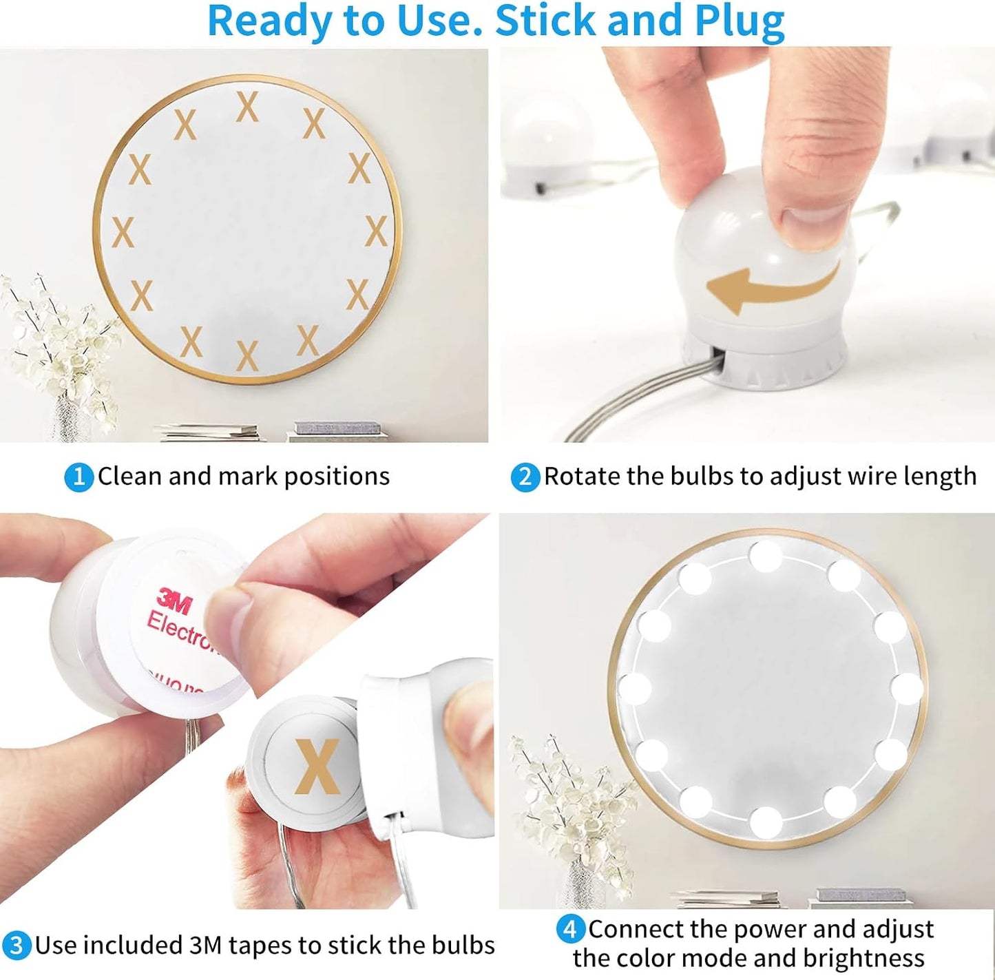 LED Vanity Mirror Lights with 12 Stick On Dimmable Bulbs, 3000K 4500K 6500K & 10 Brightness Levels Adjustable, Plug in USB Cable, Hollywood Style Mirror Lights for Makeup Desk Bathroom Dressing Room