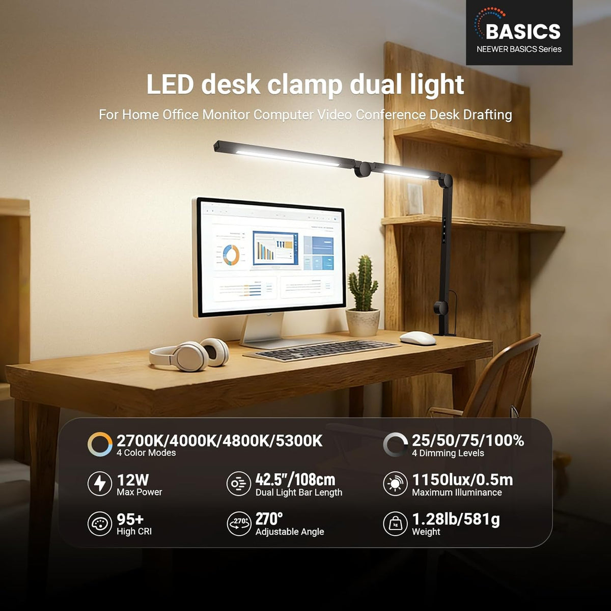 NEEWRE Basics 12W 42.5" Clip On LED Lamp with Dual Light Bar, CRI95+ Bi Color Aluminum Alloy Table Architect Light Dimmable for Home Office Monitor Computer Video Conference Desk Drafting, ME-DL02