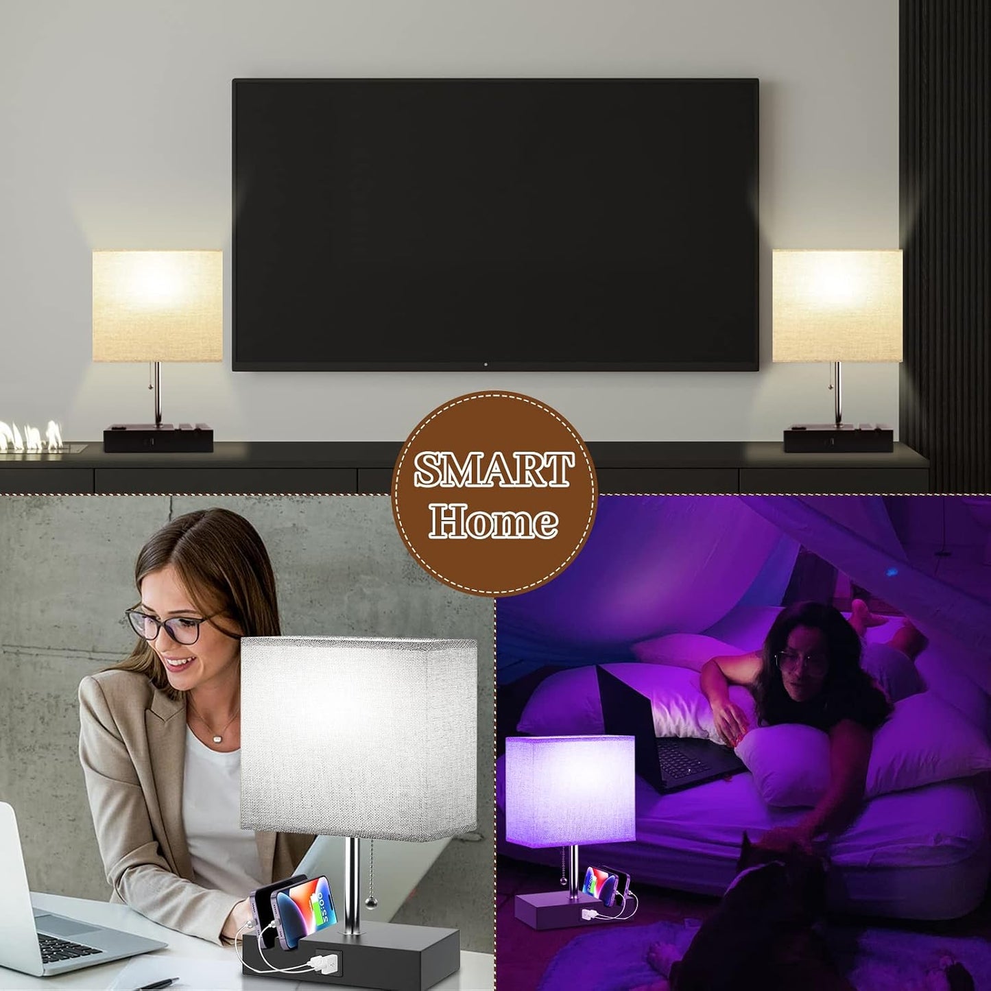 Smart RGB Dimmable Table Lamp Work with Alexa&APP&Remote Control, Gray | Bedside Desk Lamp with Charging Ports&Outlet&Phone Stand, Music Sync Nightstand Lamp for Bedroom Living Room Office Dorm