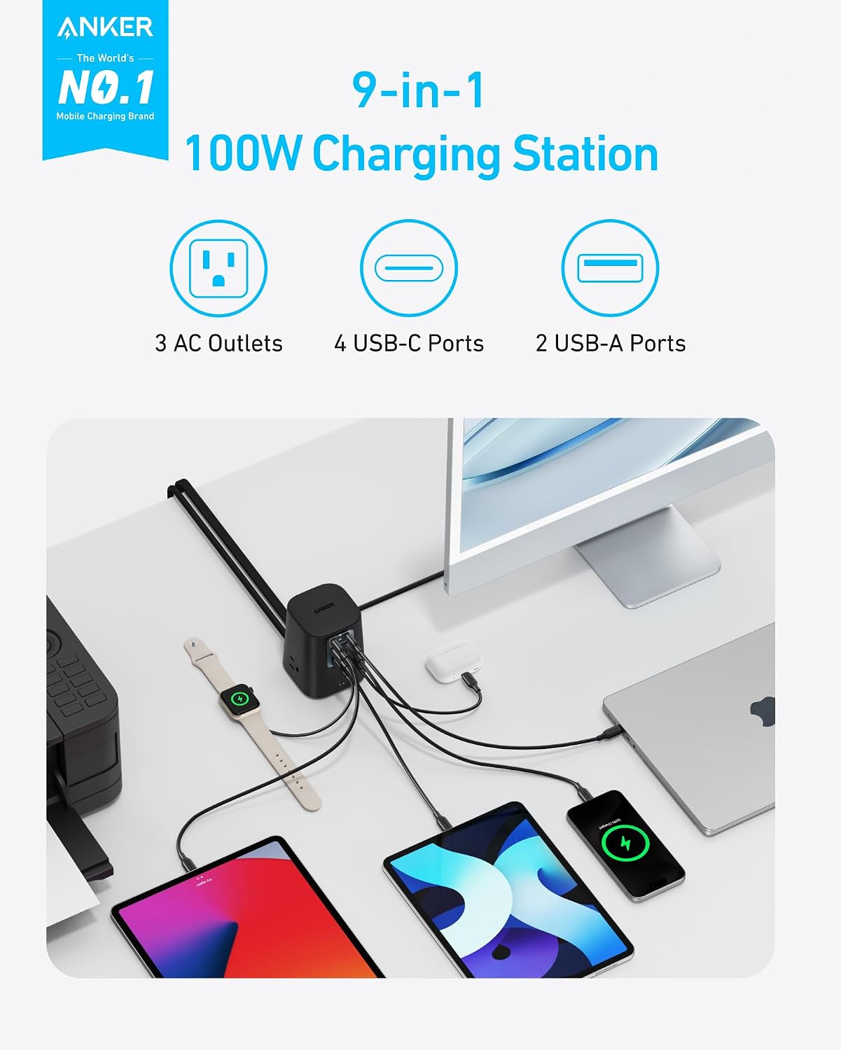 Anker Desktop Charger, 9-in-1 Power Strip with 300J Surge Protector, 100W | USB C Charger with 3 AC, 4 USB C, 2 USB A, 5ft Flat Plug Extension Cord with Multiple Devices, Home Office, Desk Accessories