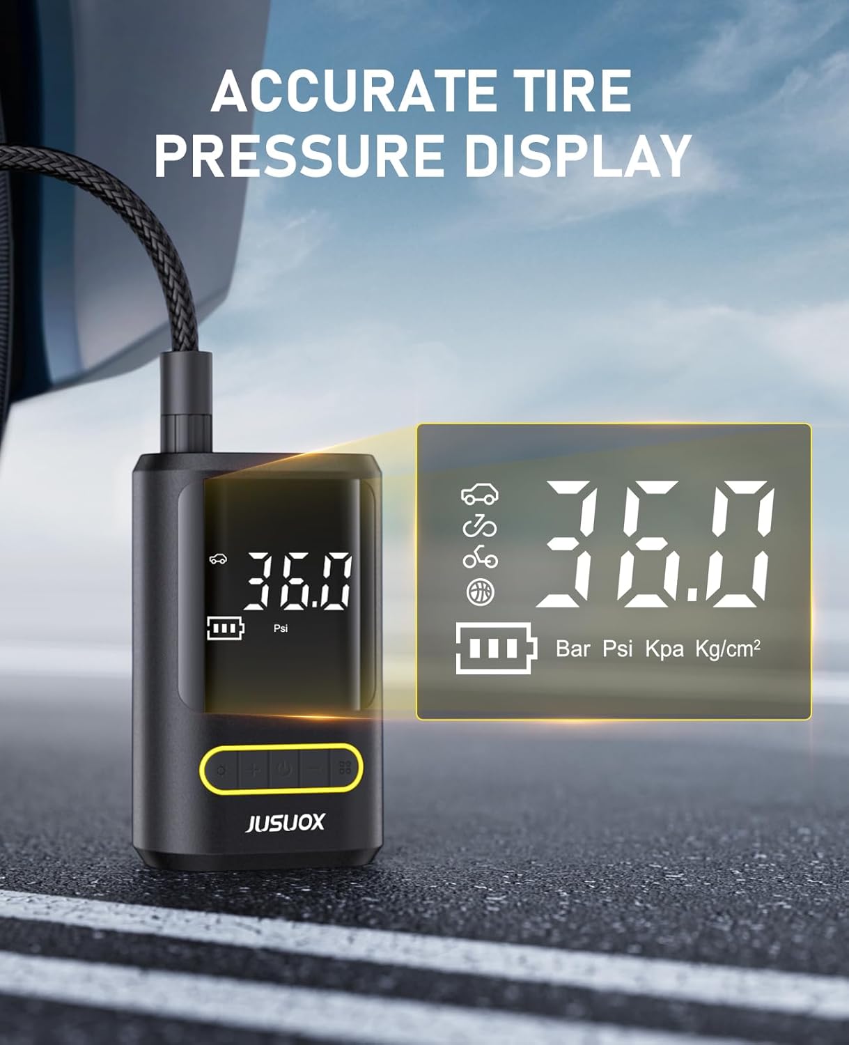 JUSUOX Tire Inflator Portable Air Compressor, 150PSI Cordless, Auto Off | Electric Bike Pump for Cars, Motorcycles & Balls, Features a Digital Pressure Gauge and LED Light for Emergencies
