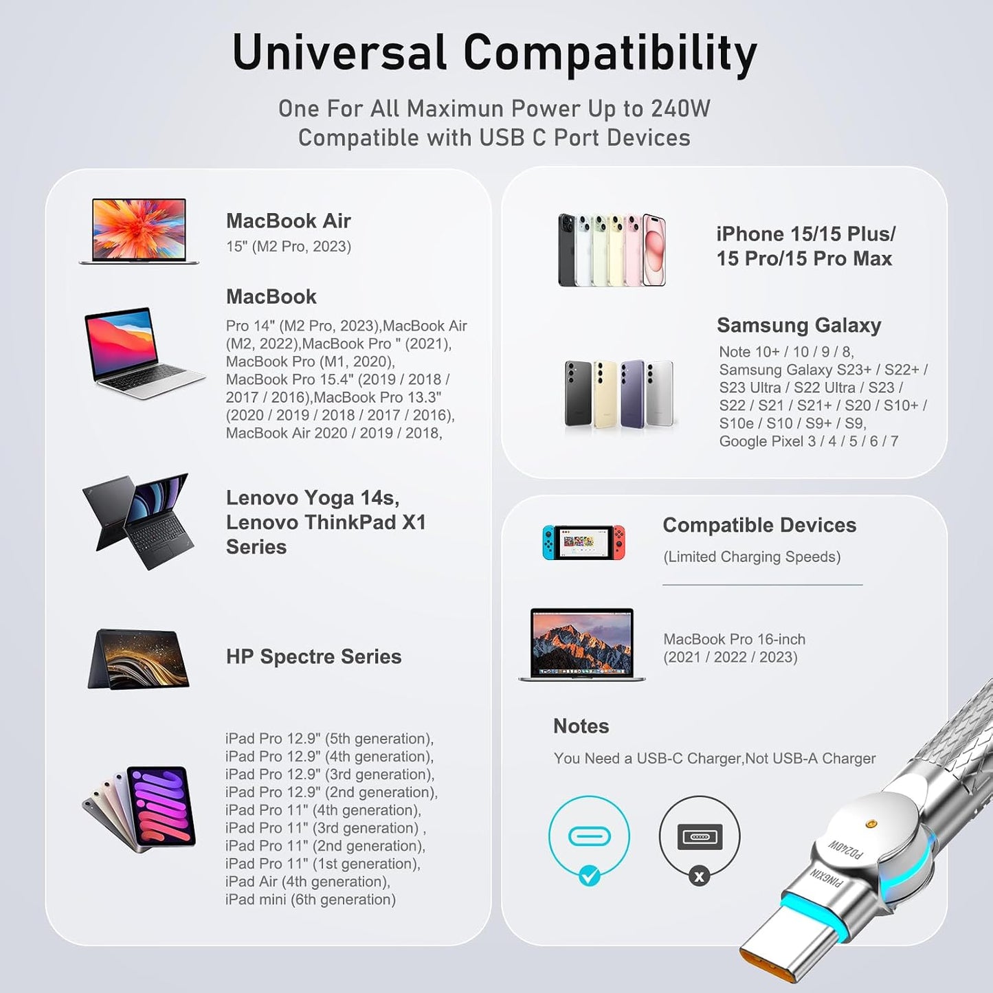 USB C to USB C Cable 10FT 240W, 180°Rotating USB C Cable Braided Type C Charger Cable Fast Charge for iPhone 16/16Pro/16Plus/16ProMax,MacBook Air,iPad Pro,Pixel,Samsung Galaxy S23/S24 Ultra-Black