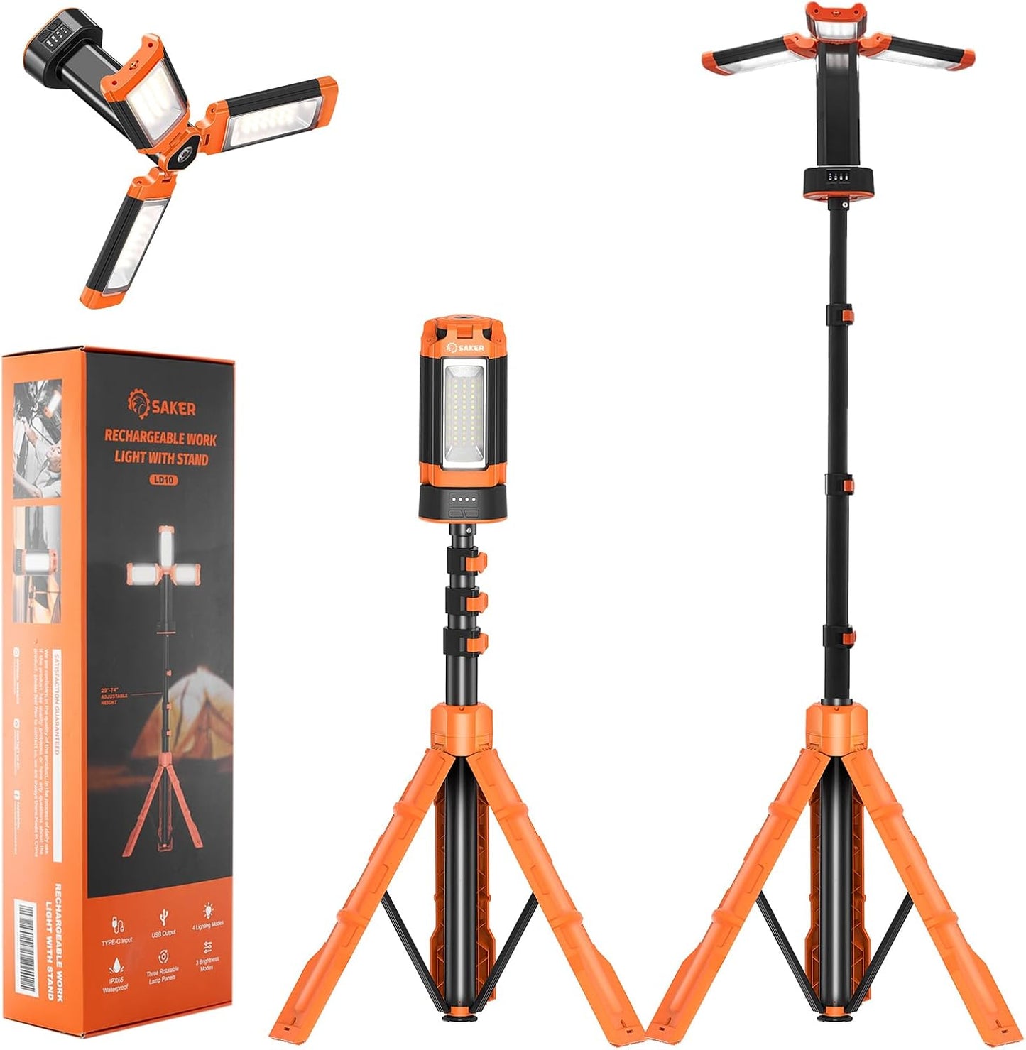 Saker Portable Camping Light with Stand 12000mAh 73.2" Work Light LD10 | 3200 Lumen,with Bag, Adjustable Height,Rechargeable,4 Lighting Modes, for Garage, Outdoor, Emergency Power Outages, Fishing