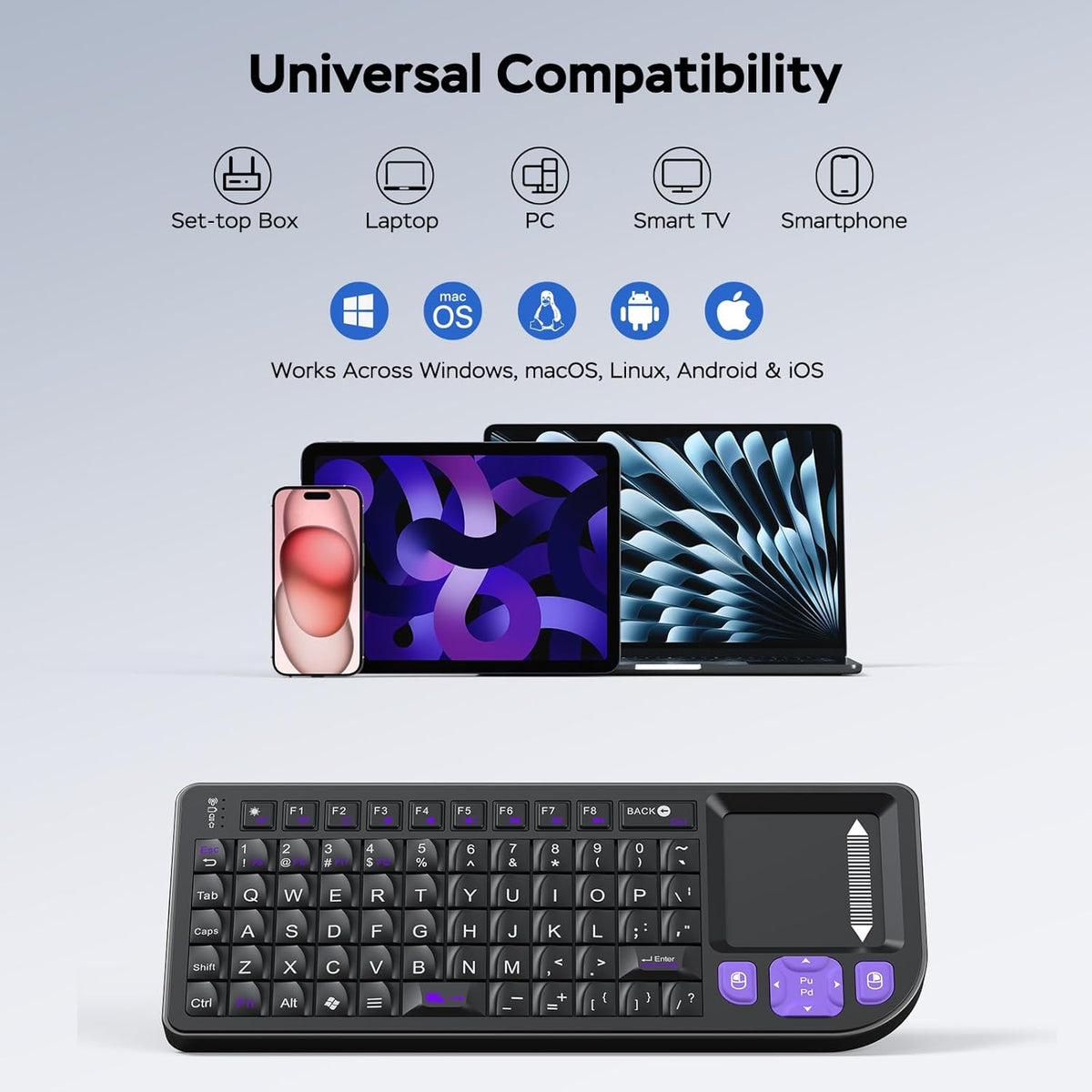 All-in-One Mini Keyboard with Touchpad, a Sturdy Aluminum Frame. Rechargeable & Portable. Seamless Connectivity with iPad, Mac, and PC. The Perfect Companion for Smart Home, IT Tech & Field Service.