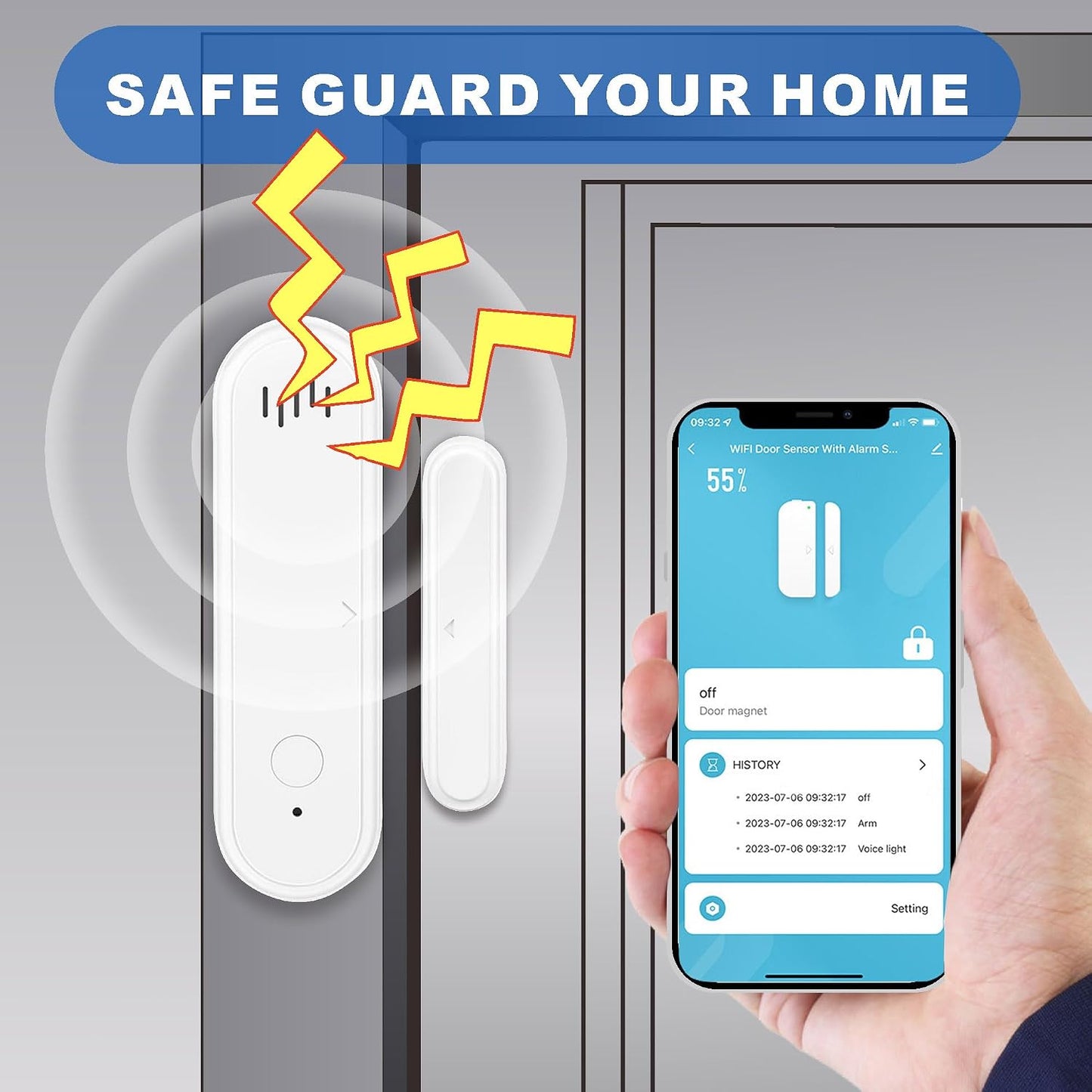 UHPPOTE 2.4GHz WiFi Smart Door Window Contact Sensor Detector with Alarm | Tuya App Notification, No Hub Required