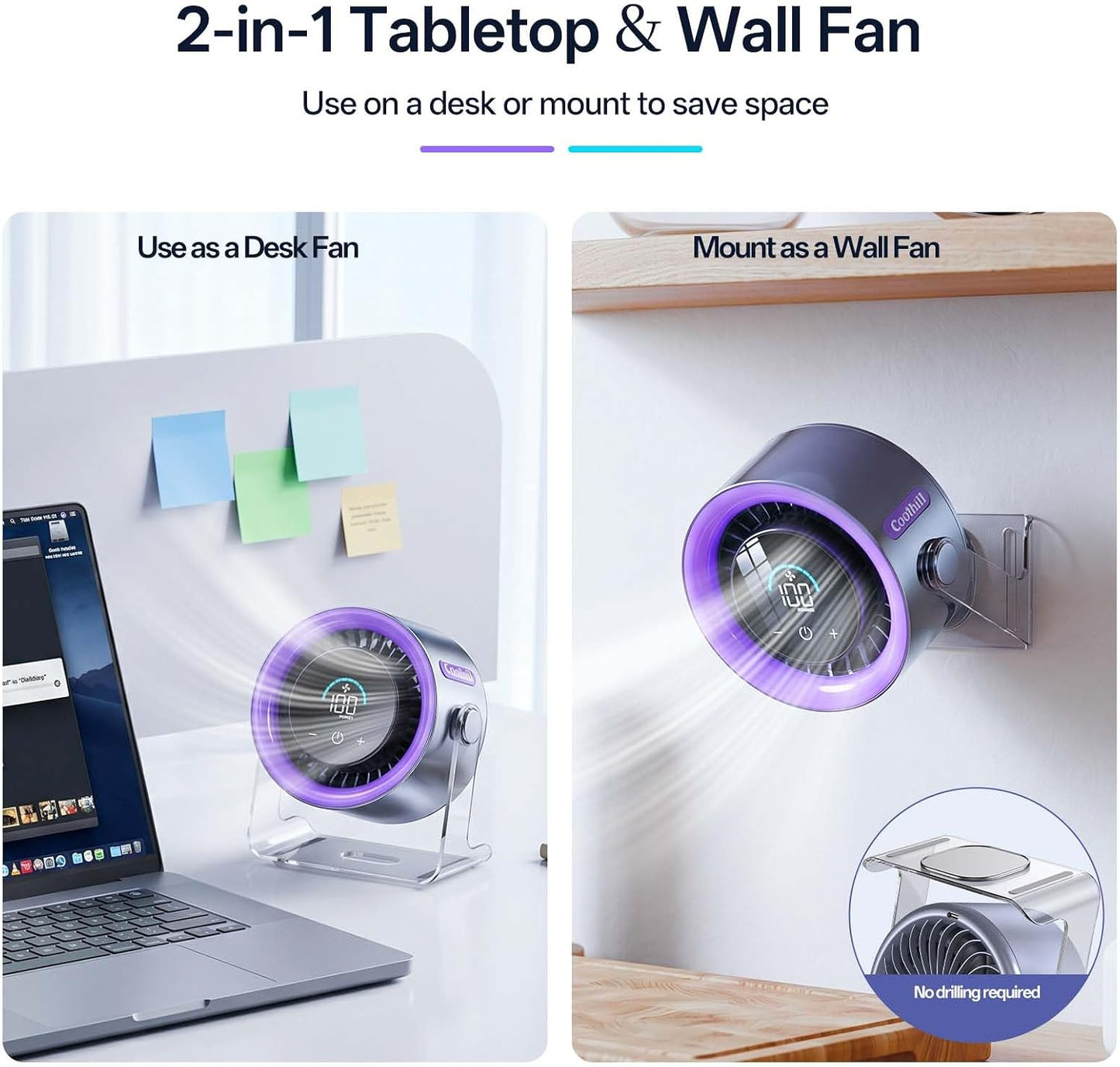USB Desk Fan for Bedroom: 100 Speeds Digital Display Quiet Portable Fan with Turbo Airflow, 120° Rotating Small Rechargeable Battery Desktop & Wall-Mounted Fans for Bedroom Home Office