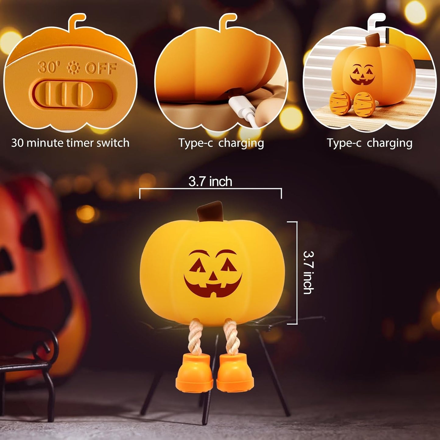 Pumpkin Night Light for Kids Cute Jack O Lantern Halloween Decor Nightlight for Baby Nursery Toddler Squishy Pumpkin Lights Cordless Rechargeable Dimmable Silicone Bedside Lamp Halloween Gifts