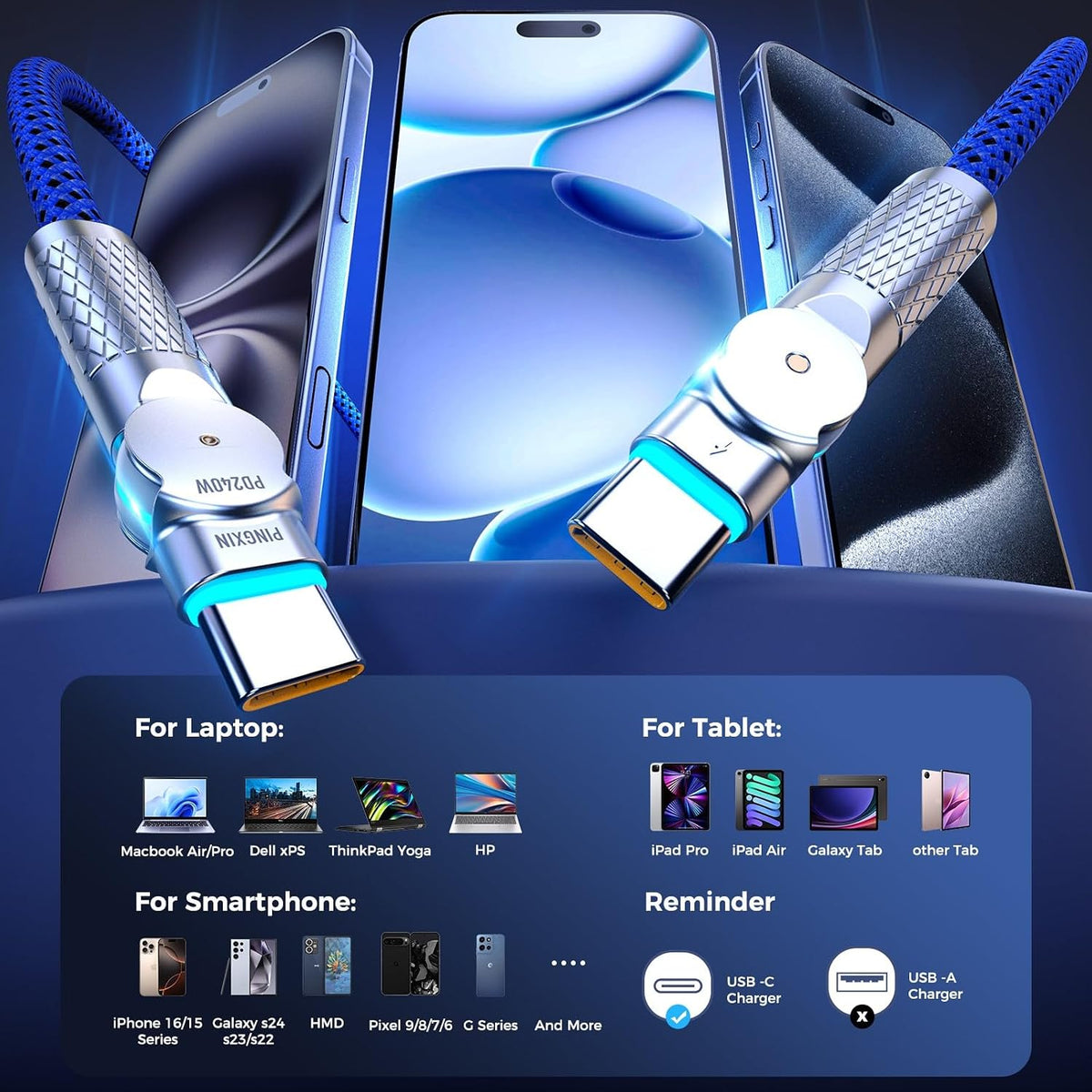 USB C to USB C Cable10ft,240W 2-Pack Braided 180°Rotating Type C Charging CableFast Charge for iPhone 15/16/16Pro/16Plus/16ProMax,MacBook Air,iPad Pro,Pixel,Samsung Galaxy S23/S24 Ultra-Blue