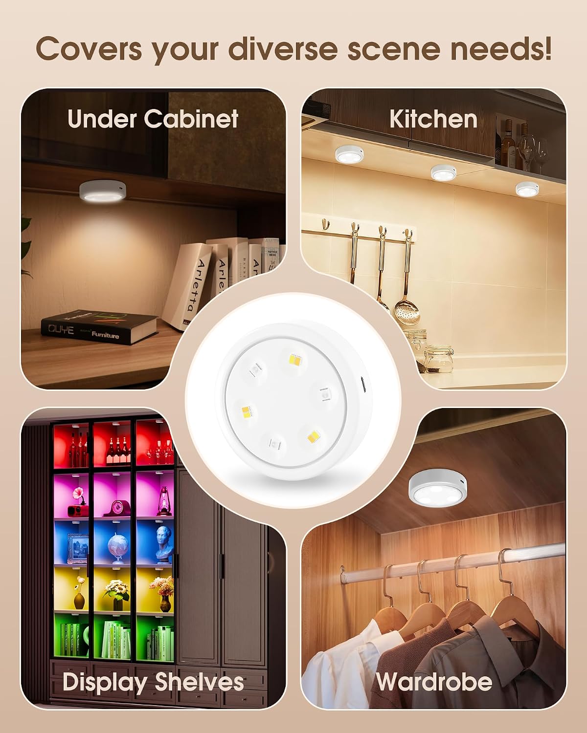 HOLKPOILOT Puck Lights with Remote, 2000mAh Battery Operated Rechargeable Under Cabinet Lighting, 3 Color Temps & 7 RGB Colors, Magnetic Closet Light, White Wireless Puck Light for Kitchen, Shelf