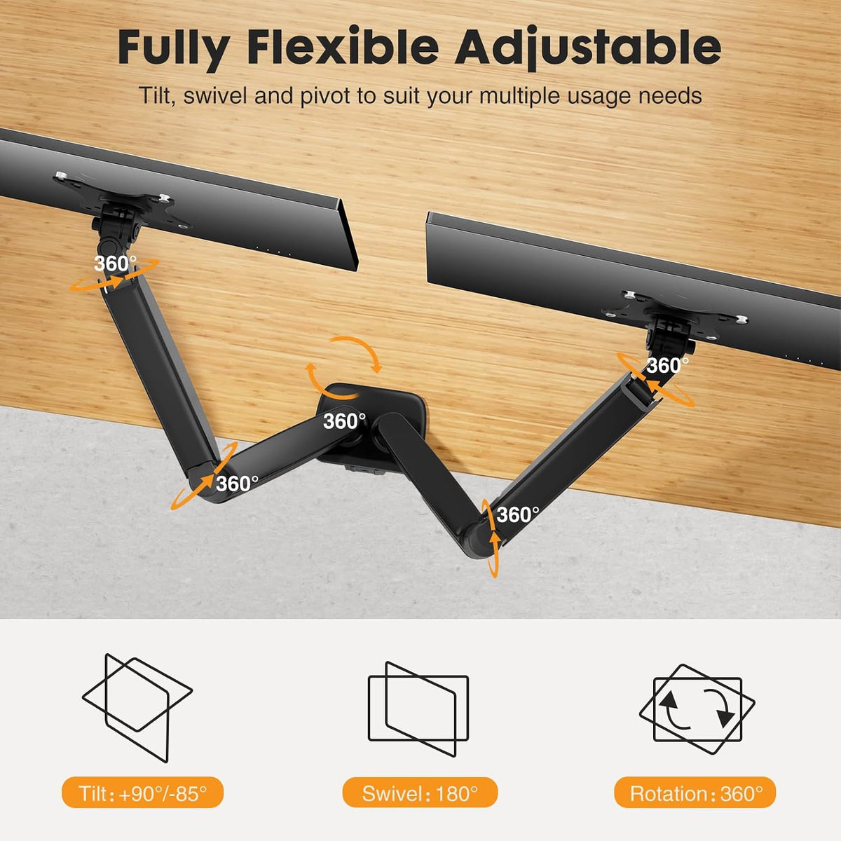DUMOS Dual Monitor Mount for Desk, Gas Spring Monitor Arm for 2 Monitors Max 32 Inches, Fully Adjustable Double VESA Mount with C-Clamp/Grommet Base, Holds Screen 17.6 lbs