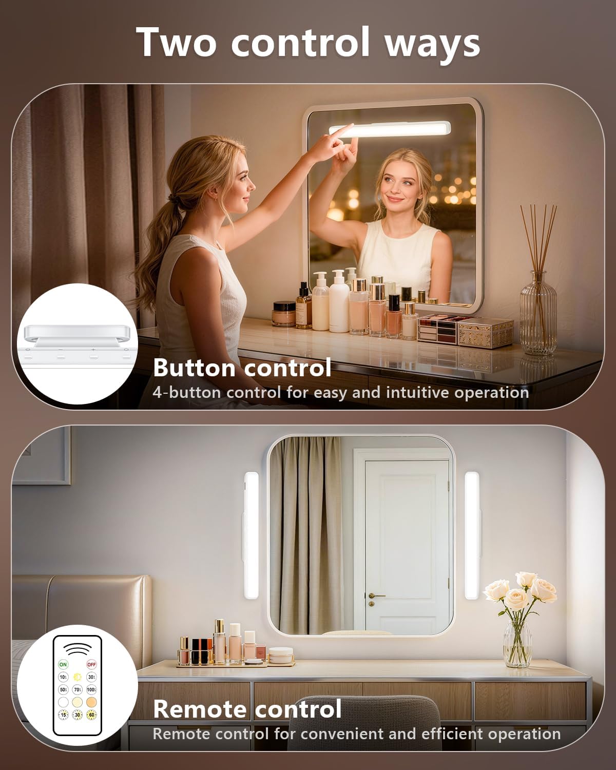 WILLED 3W Rechargeable Vanity Lights for Mirror with Remote Control，Eye-Friendly Mirror Lights Stick on,Adjustable Color Temperatures Makeup Light with Battery Display for Bedroom, Bathroom(2 Pack)