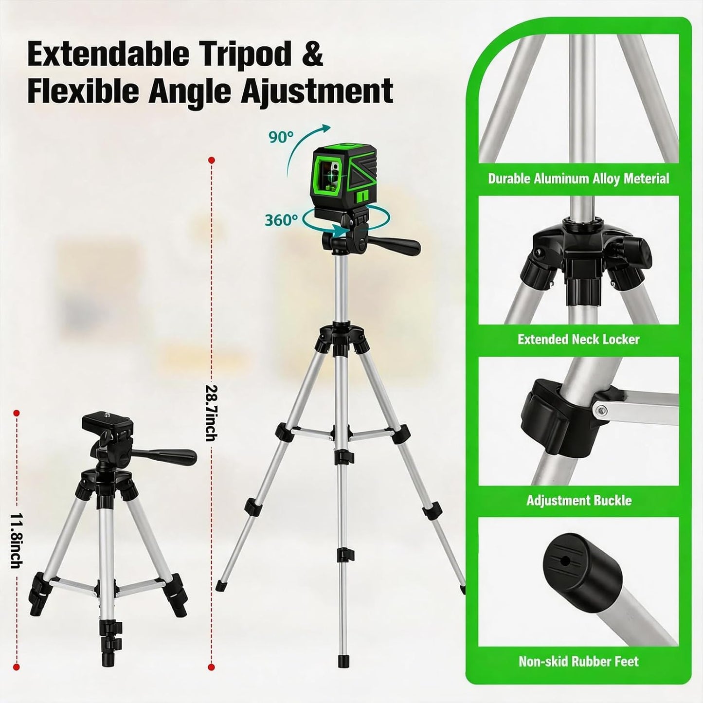 Laser Level with Tripod, 100Ft Green Cross Line Rotary Laser Tool | Rotatable 360 Degree, Manual Self leveling and Pulse Mode,IP54 Waterproof & Battery for Indoor/Outdoor Use