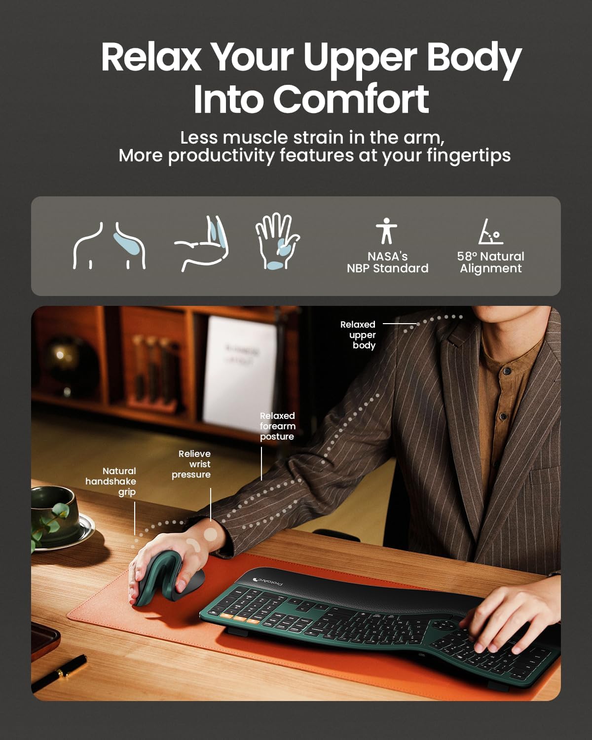 ProtoArc EM11 NL Wireless Ergonomic Mouse, Rechargeable Vertical Mice | 58° vertical design supports a natural wrist posture,connect 3 devices via Bluetooth/2.4G USB-A, 500mAh USB-C rechargeable.