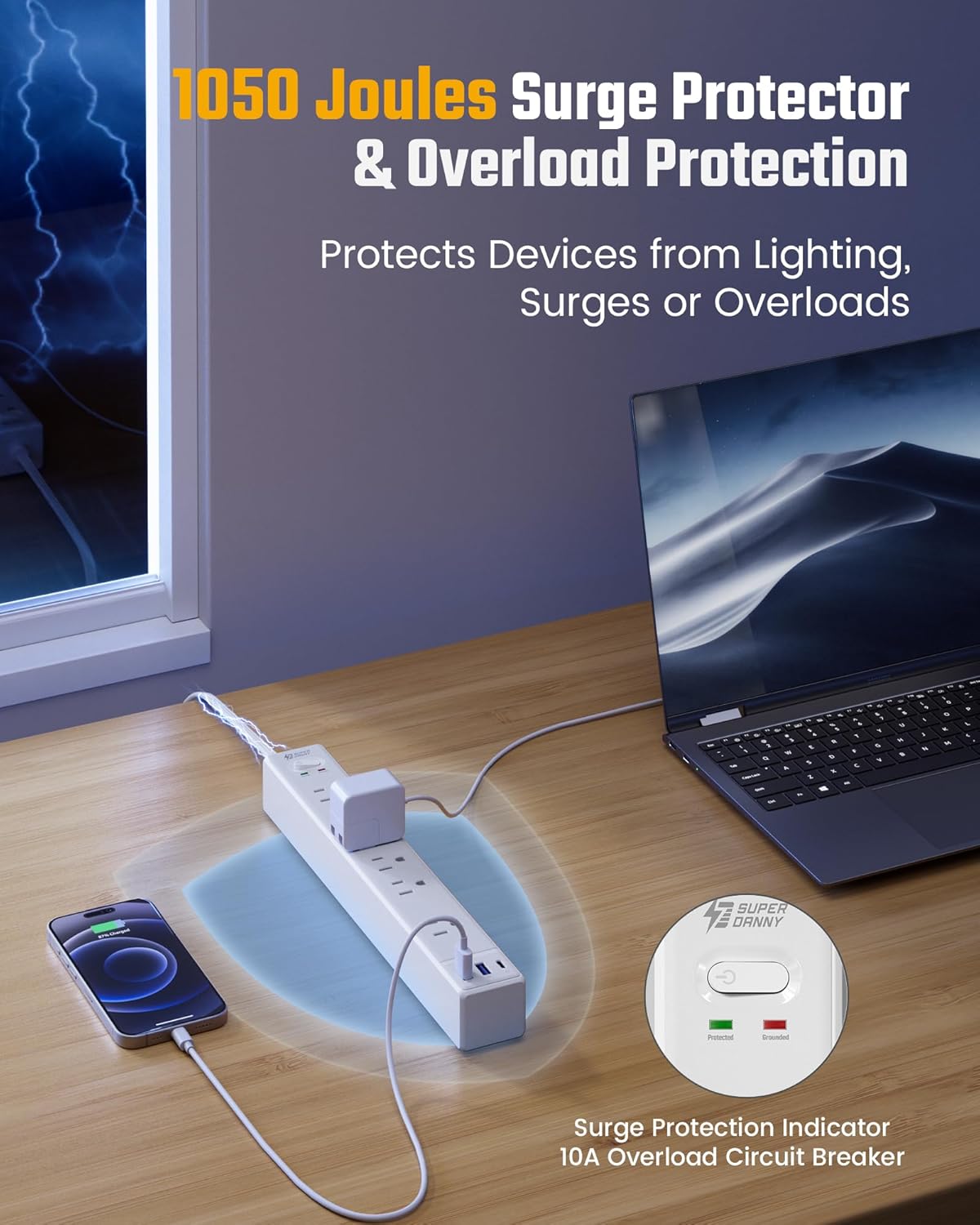 10Ft Extension Cord with Multiple Outlets, SUPERDANNY Flat Plug Surge Protector Power Strip 10 Ft Long Cord, 6 Outlets & 3 USB Ports, Charging Station for Home Office, College Dorm Room Essentials
