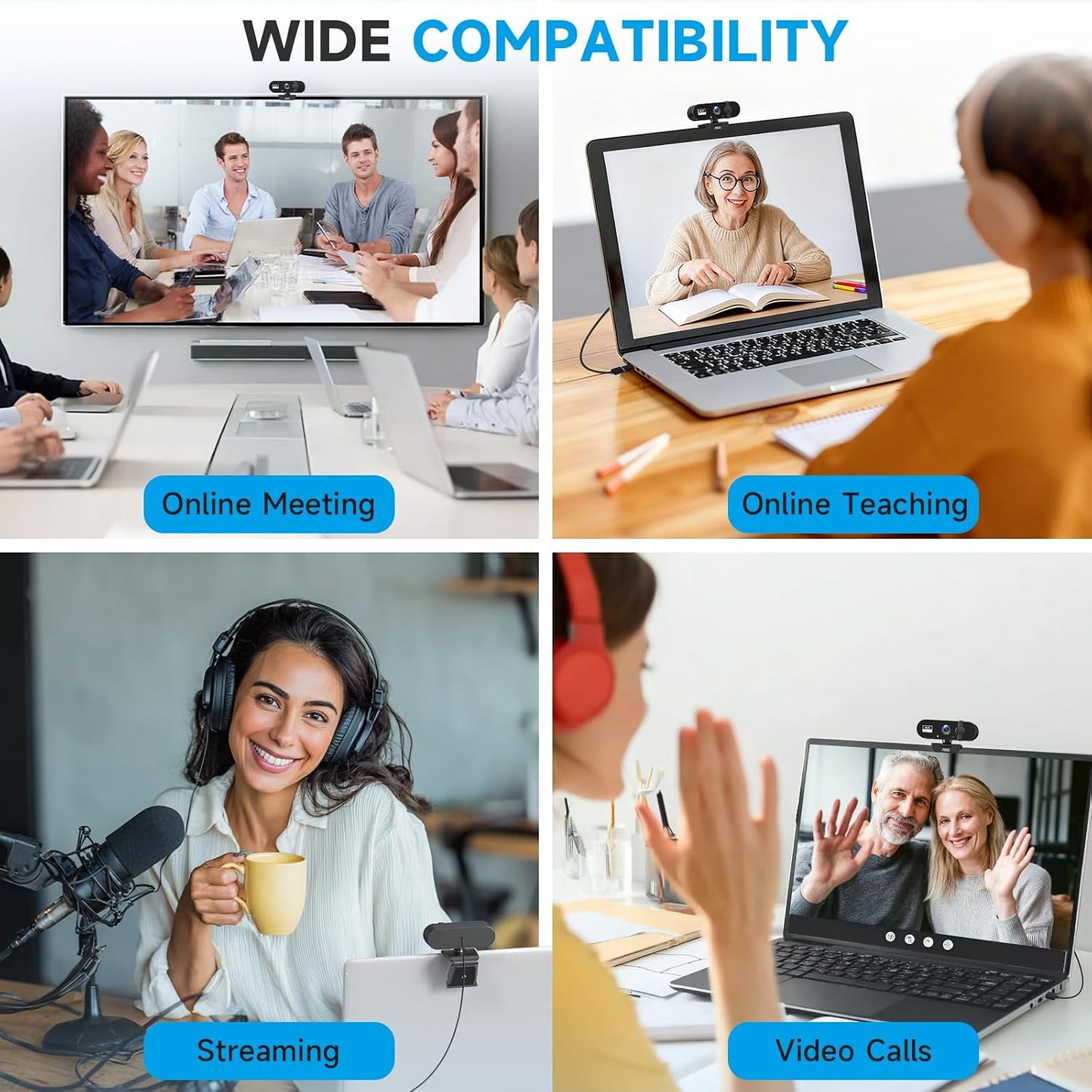 AOC 4K Webcam for PC, Streaming Computer Camera with Noise-Canceling Mic | 90° FOV, Privacy Cover, Plug & Play, Zoom/Skype/FaceTime Compatible, Works with Mac/Laptop/Switch 2, USB C-A Adapter Included