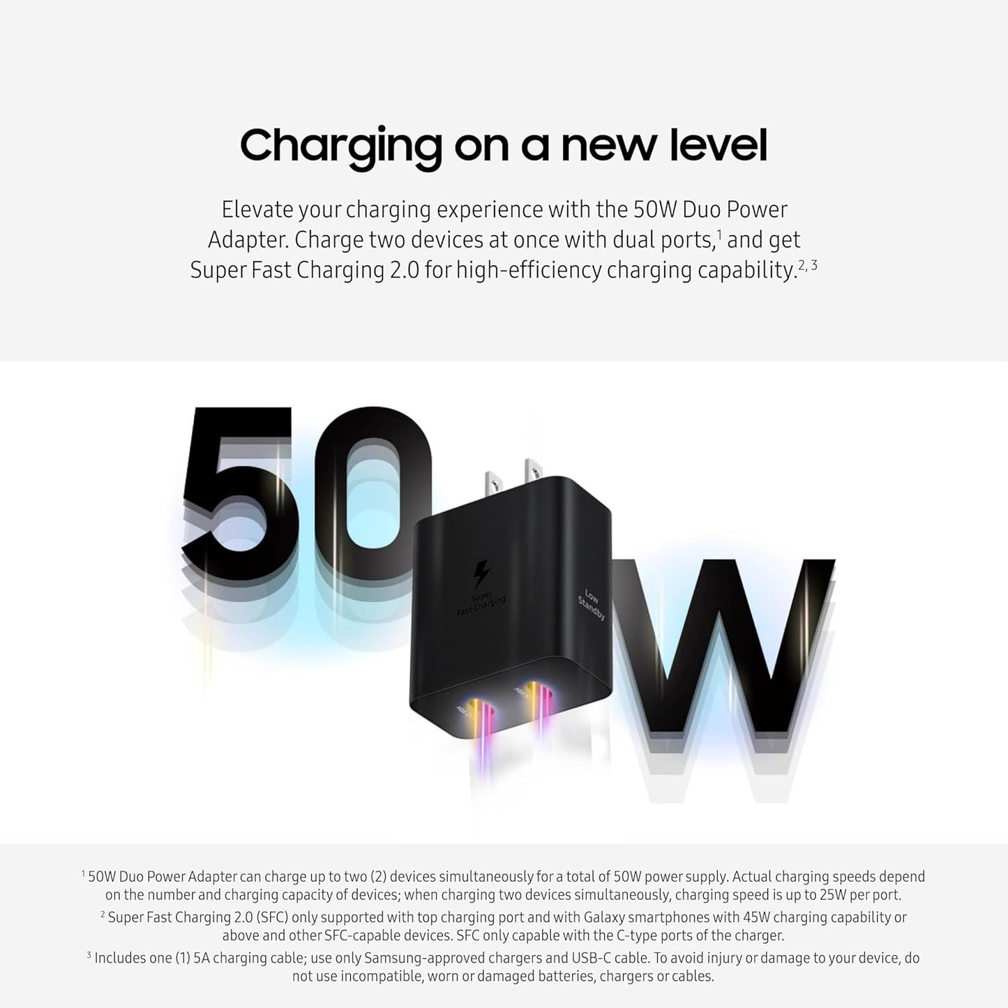 Samsung 50W Duo Power Adapter Wall Charger, 2 Ports, Cable Included, Black | Super Fast Charging 2.0 for Galaxy Phones, Tablets, USB Type C Devices, Low Standby Power Consumption, EP-T5020XBEGUS