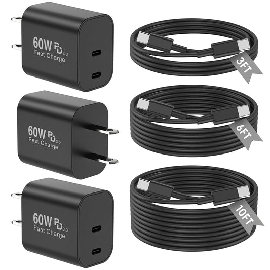 3Pack PD 3.0 Black Super Fast Charger USB C Dual Port Charger Block with 3Pack 60W [3FT+6FT+10FT] USB C to USB C Charger Cord for Galaxy S26/S25/S24,for iPhone 17/16/15,for iPad and More