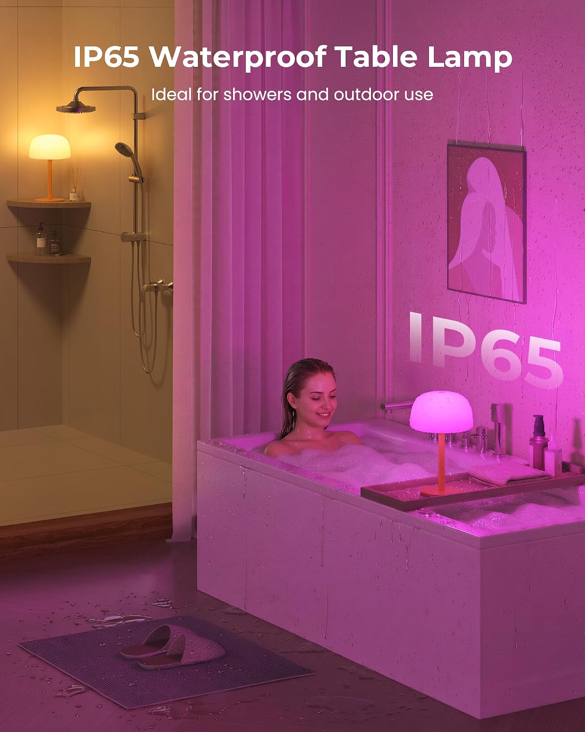IP65 Shower Lamp Waterproof, 7500mAh Rechargeable Shower Lamp for Inside Shower, 18 Colors Cordless Shower Light, Stepless Dimming LED Table Lamp for Bathroom Bathtub Patio Outdoor
