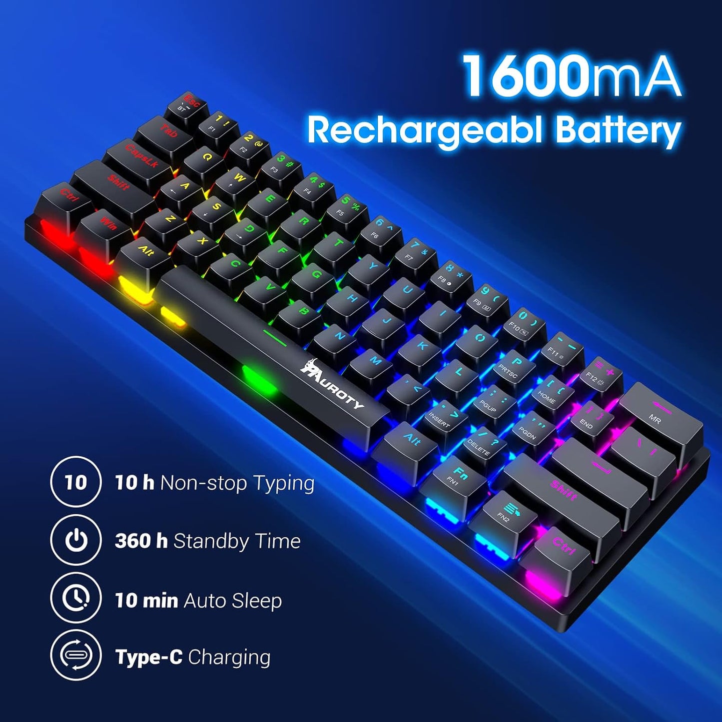 Pauroty 60% Wireless Mechanical Keyboard, Triple Mode 2.4G/USB-C/Bluetooth Gaming Keyboard, RGB Backlit, Clicky Blue Switch, 61 Keys Rechargeable Mini Wireless Keyboard for iPad Mac PC Xbox