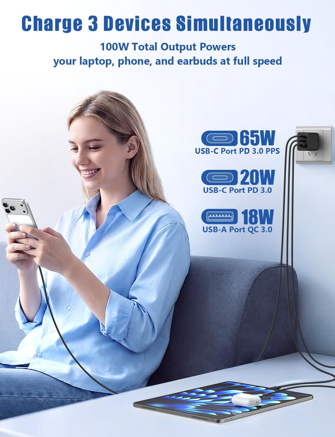 Susnwere 85W USB C Wall Charger for Samsung S26 Ultra,3 Port 100W PD Quick 3.0 Type C Charging with 3/6/10/10FT USB C Cable for Samsung Galaxy S26+/S25/S24/S23 Ultra/S22/S21/S20/Android Phones