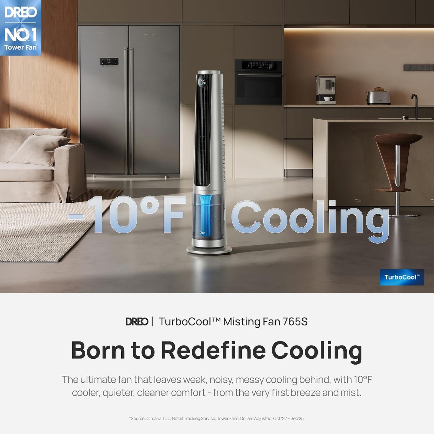 DREO TurboCool Misting Fan 765S, Fans that Blow Cold Air, 10°F Cooling Fan | 34ft/s Fast Evaporative Air Cooler, 6L Tank, 20 dB Quiet DC Motor, 90° Tower Fan with 12 Speeds, 4 Modes for Home, Silver