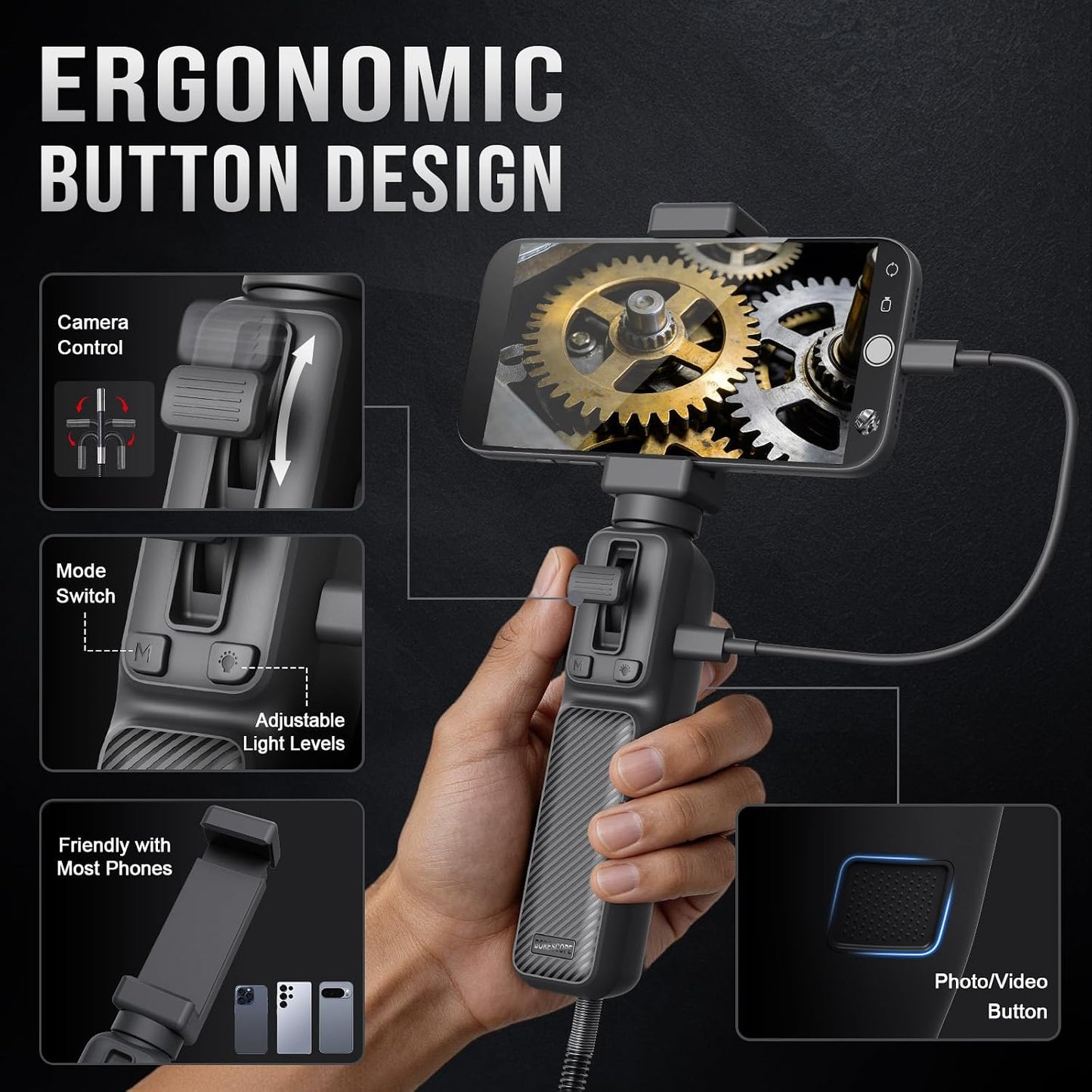 Endoscope Camera with Two-Way Articulation, USB-C & Lightning Borescope, 6 Adjustable LED Lights, 6mm Camera for Plumbing, Automotive & Home Inspection, Compatible with iPhone & Android