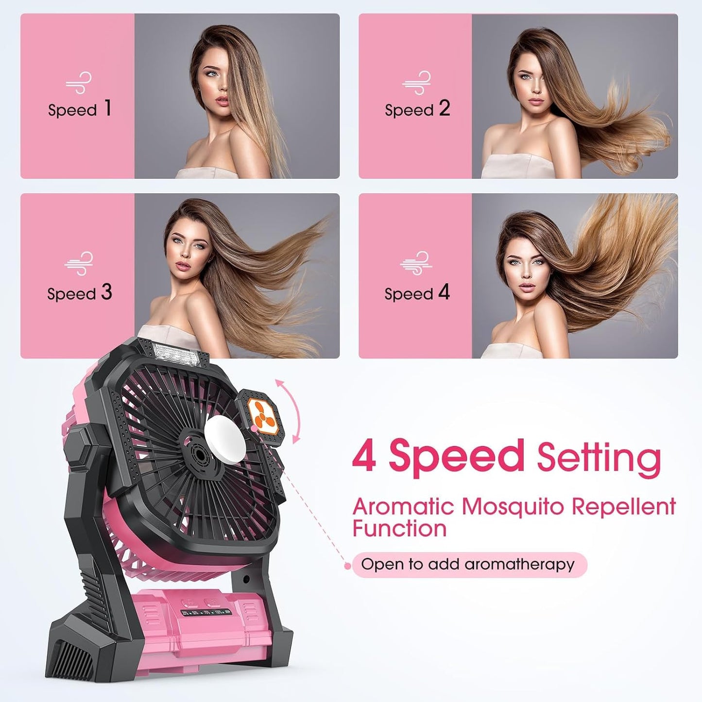 Portable Fan Rechargeable 20000mAh Cordless Battery Powered Camping Fan | with LED Lantern, Small Table Fan, USB Battery Operated Fans for Travel Bedroom Home Camping Tent Office Beach Desk Pink