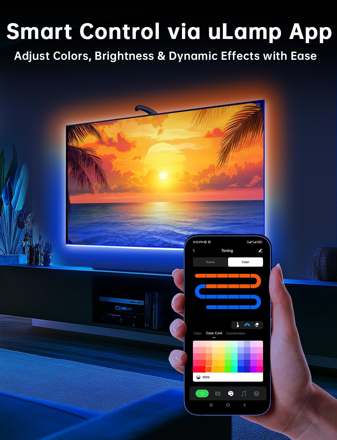 FFJ TV LED Backlight with Sensor, 14.7ft Cuttable RGB Lights that Change with TV for 55-65 Inch Screen and PC Monitor, Smart App Control, Game & Music Sync Color Changing Light