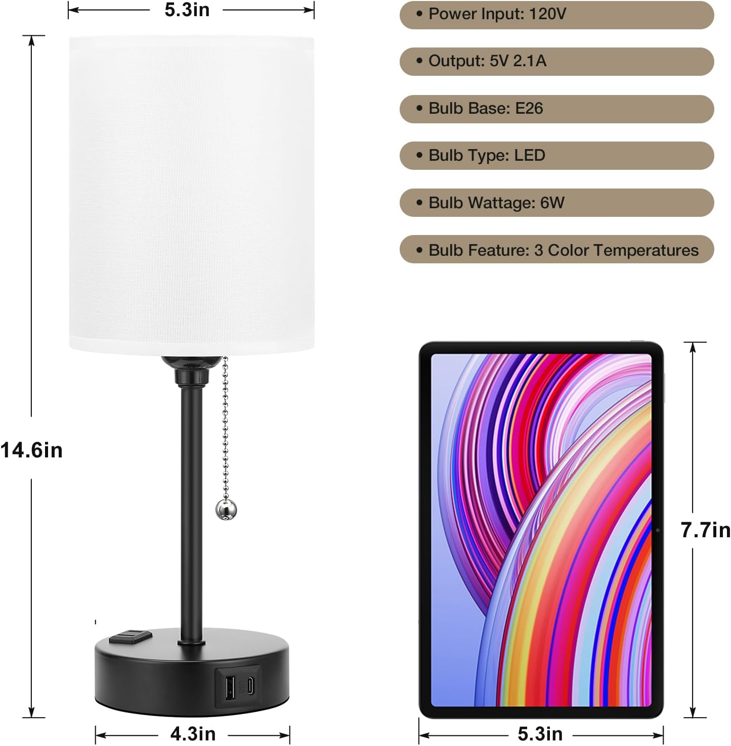 Dicoool Bedside Table Lamp for Bedroom - Small Desk Lamp with USB Ports | USB A+C Ports, AC Outlet, 3 Color Temperatures, LED Bulb Included, White Fabric Shade, Black Metal Base, 14" Nightstand lamp